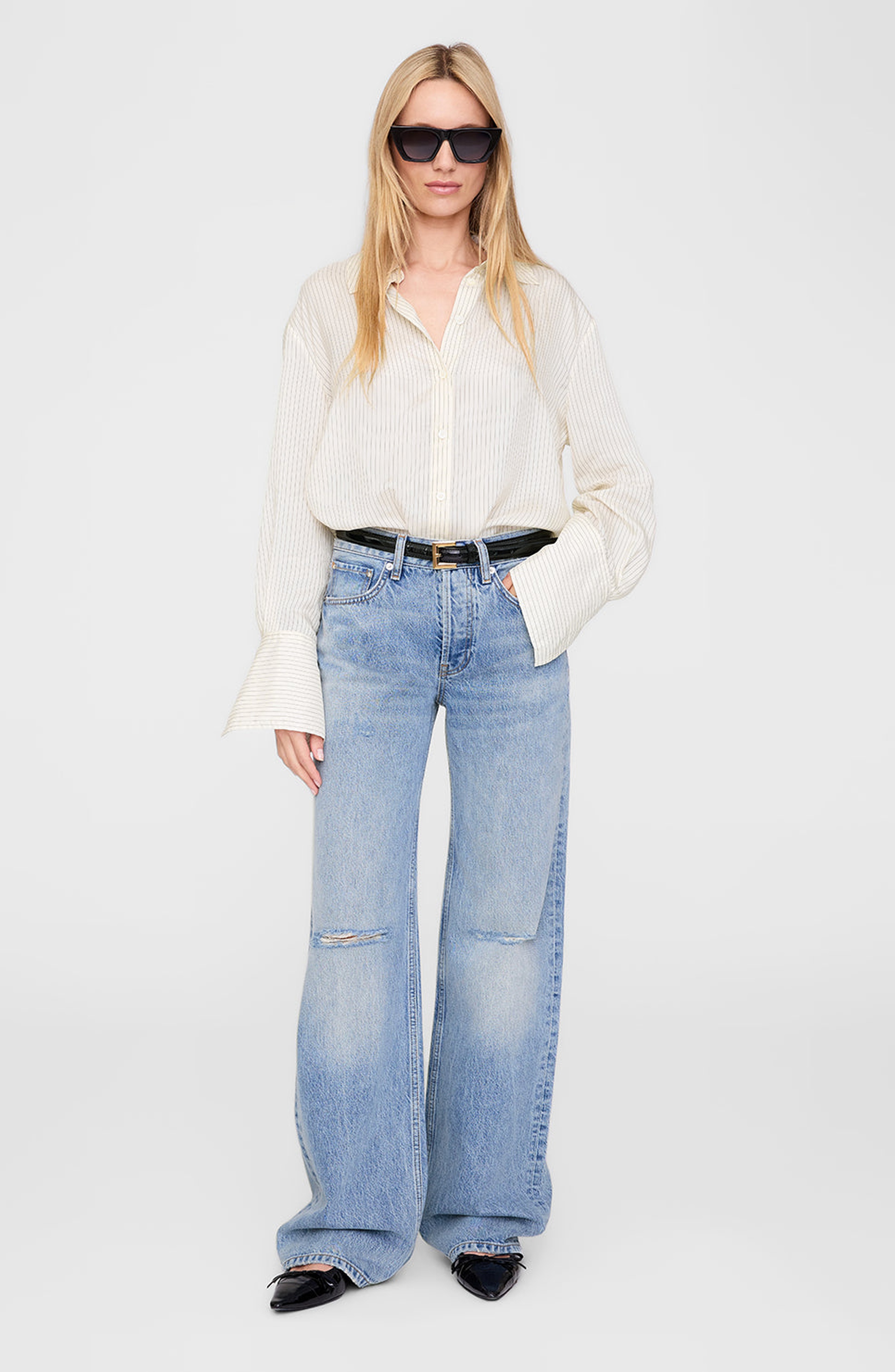 ANINE BING Bridget Shirt in Ivory /Black Pinstripe at Nordstrom - 1