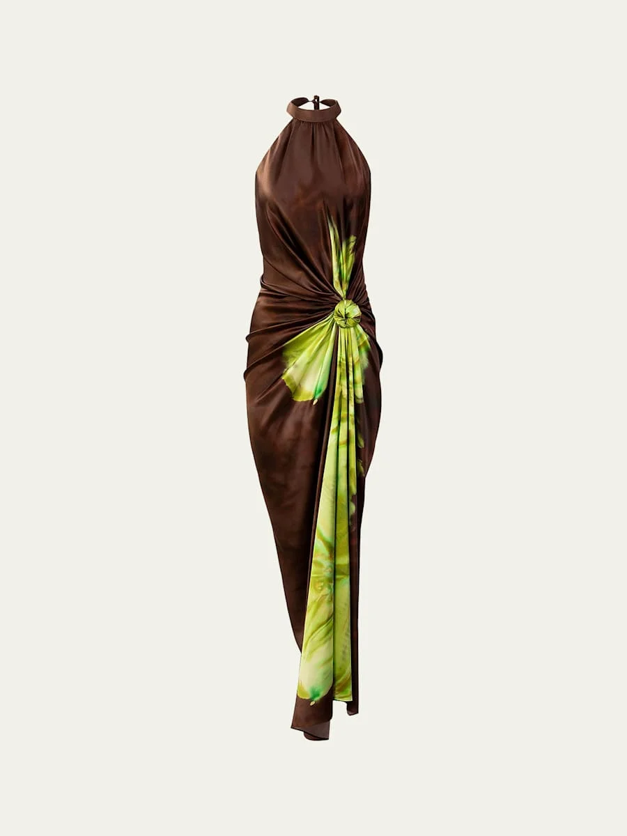 Tizziana Knotted Silk Halter Maxi Dress - 1