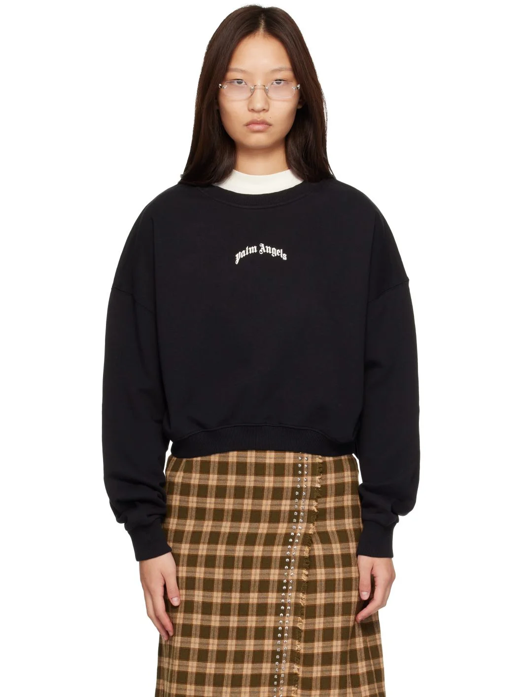 Black Curved Logo Loose Crop Crewneck Sweatshirt - 1
