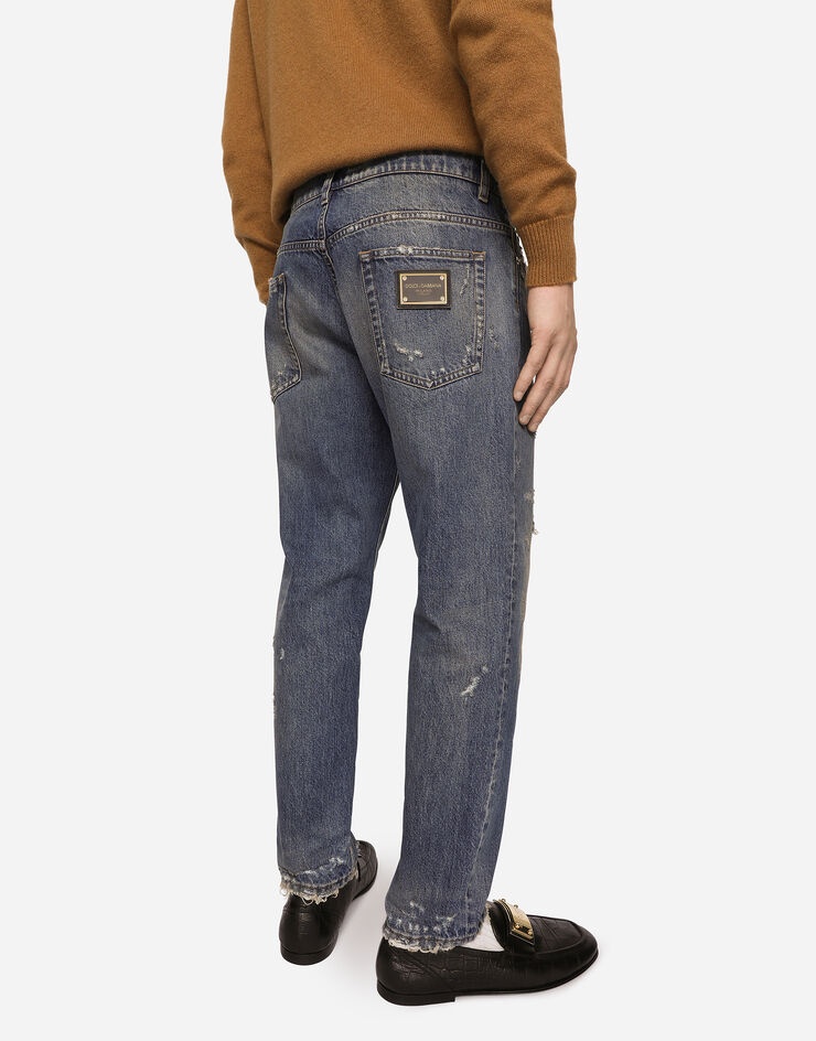 Loose mid blue jeans with stitched rips - 4