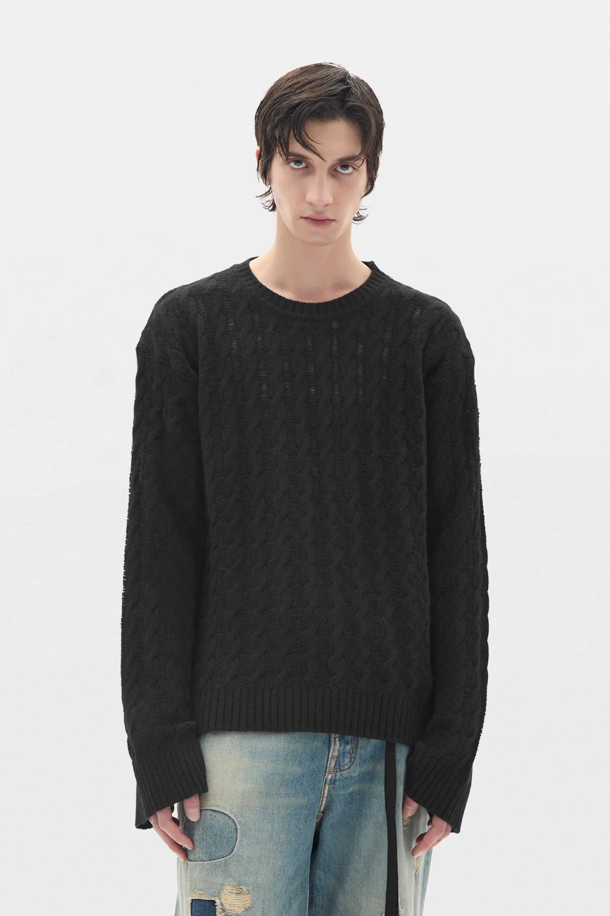 Tristan Cable Knit Ladder Stich Crew Neck Sweater - 1