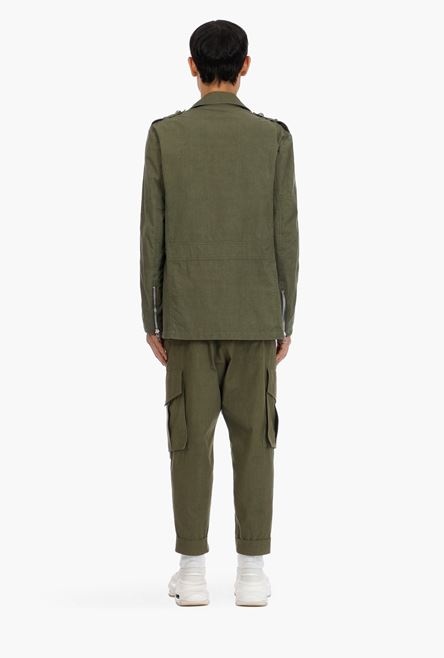 Khaki cotton jacket with embossed Balmain logo - 3