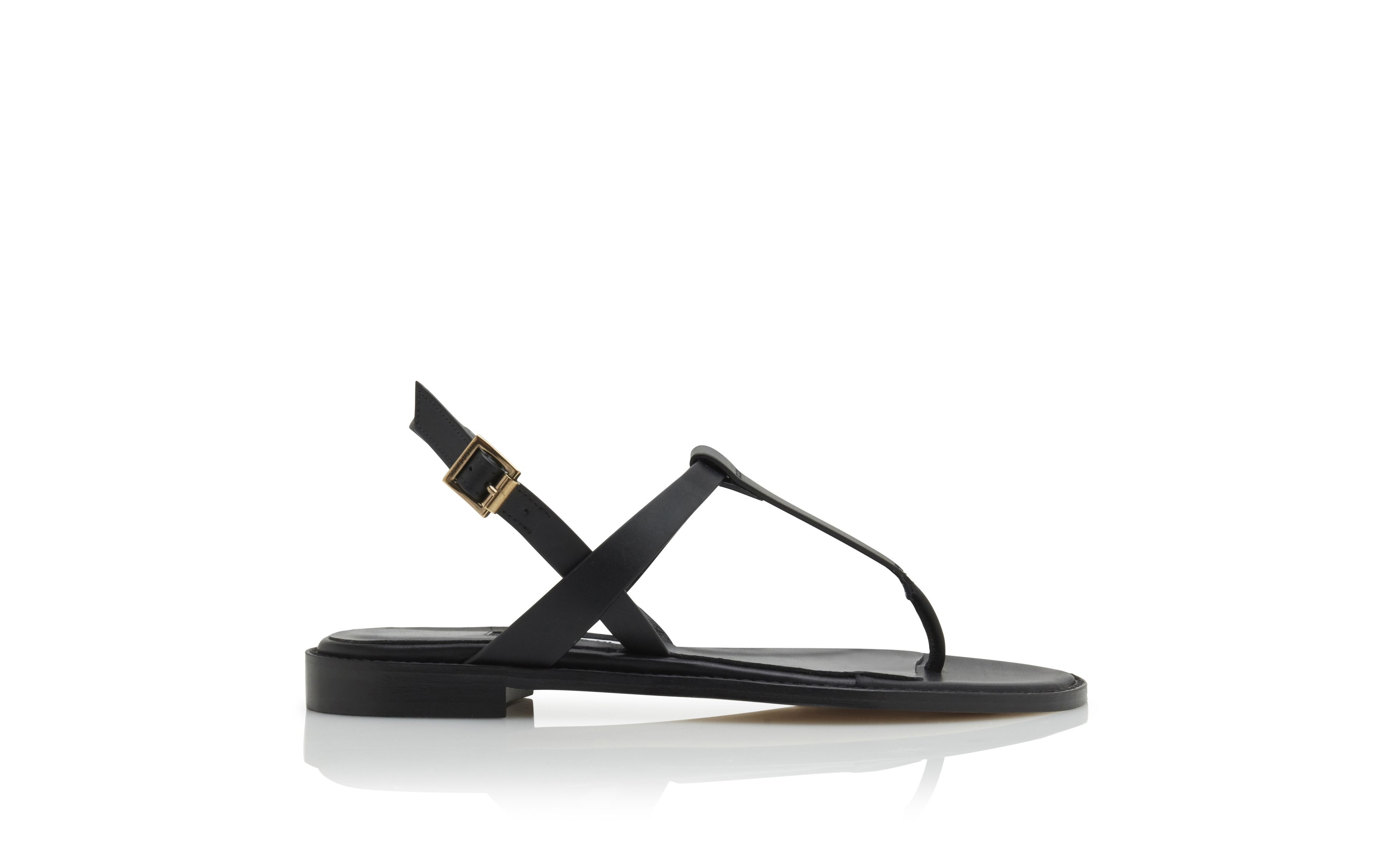 Black Calf Leather Flat Sandals - 1