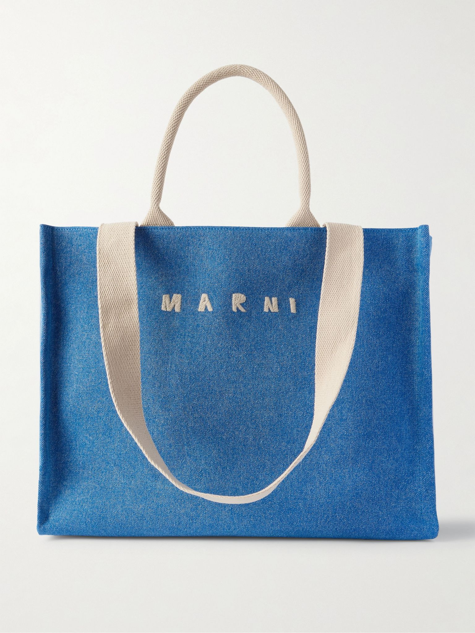 Logo-Embroidered Webbing-Trimmed Stonewashed Denim Tote Bag Blue - 1