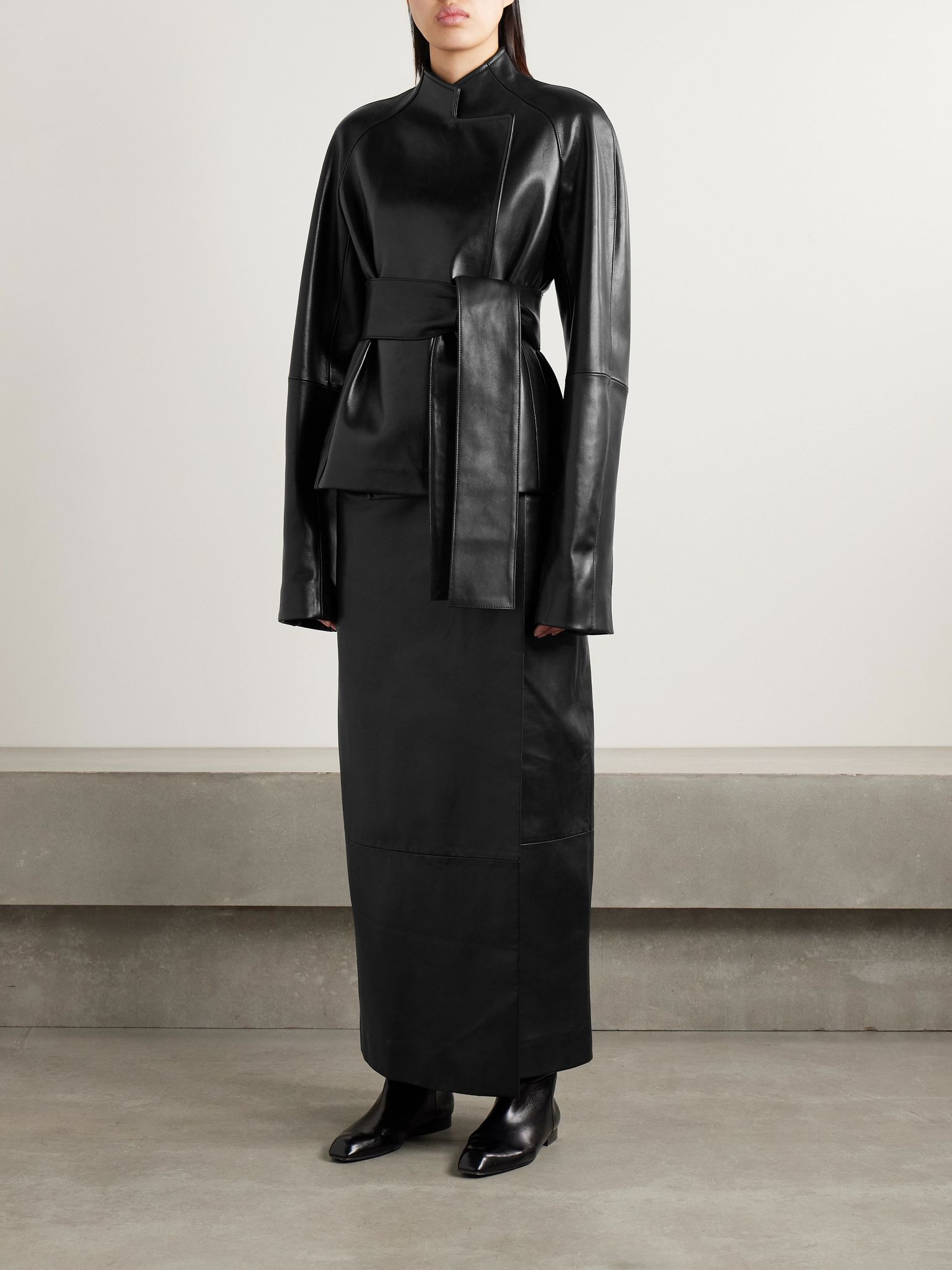 Edith asymmetric belted leather jacket Black - 2