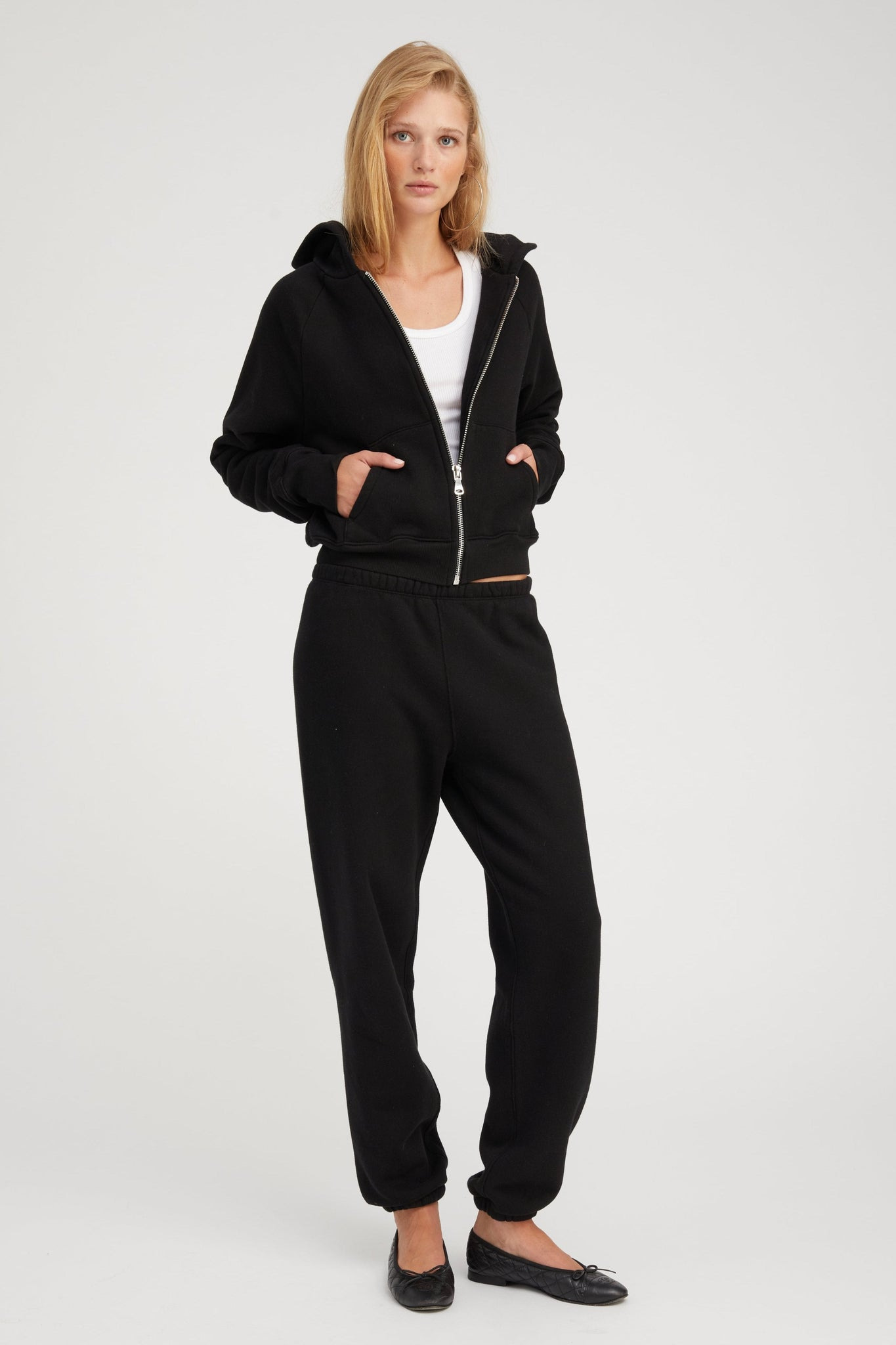 BLACK COTTON SHRUNKEN ZIP UP HOODIE - 3