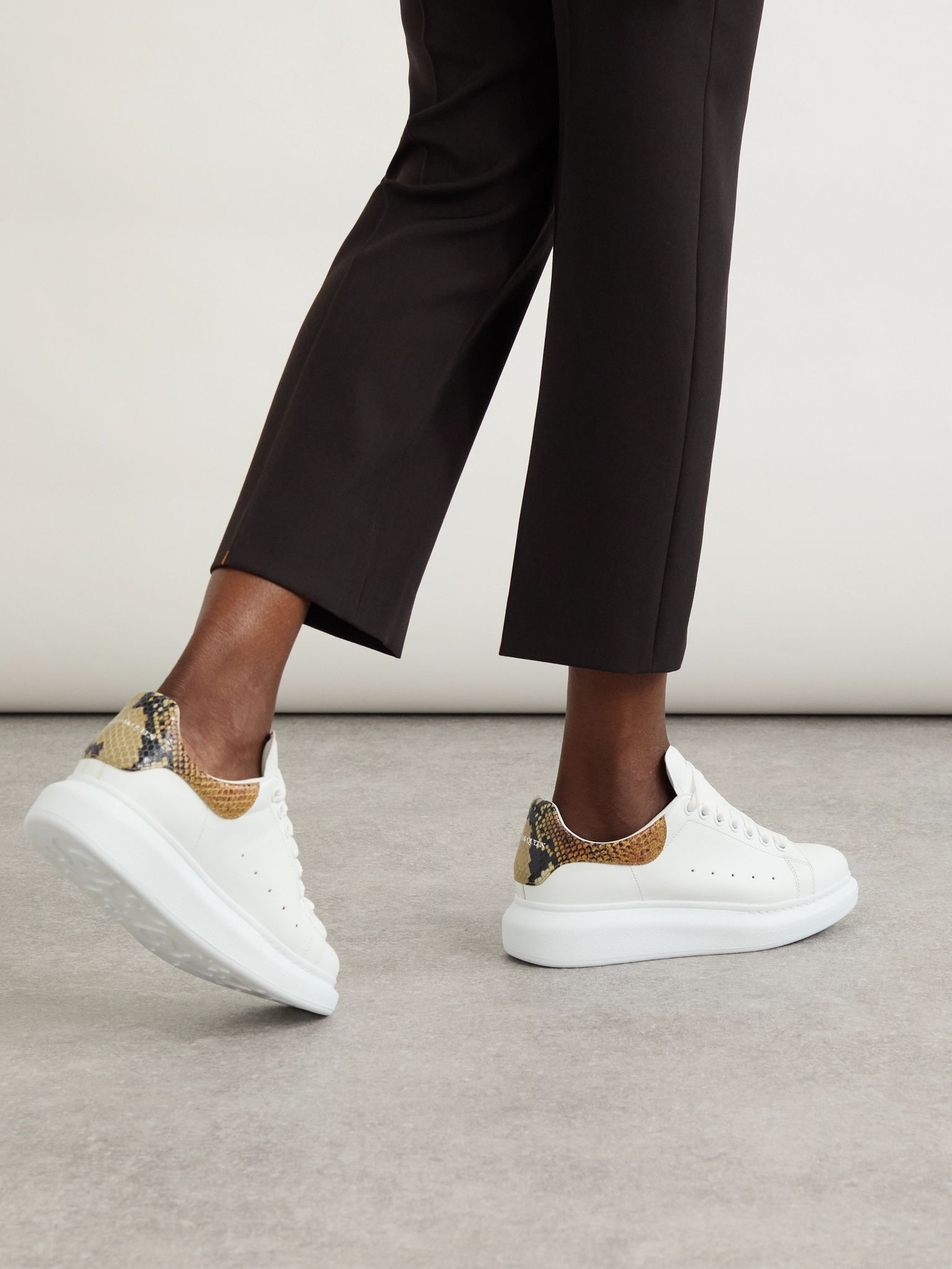 Leather and snake-effect leather exaggerated-sole sneakers White - 2