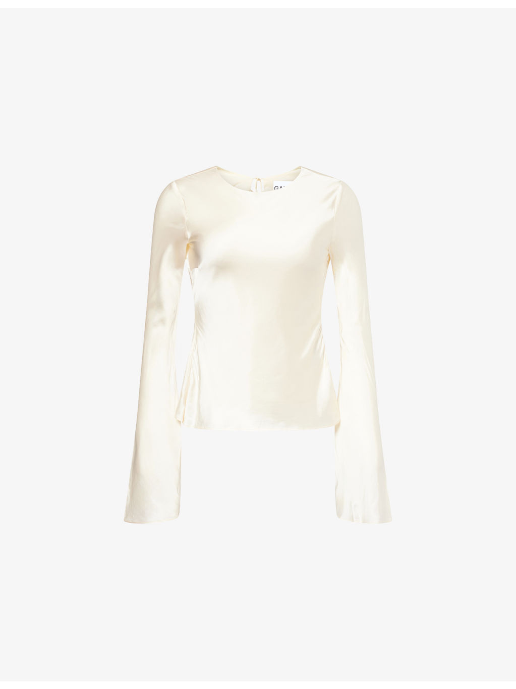 Bell-Sleeves Curved-Neckline Satin Blouse - 1