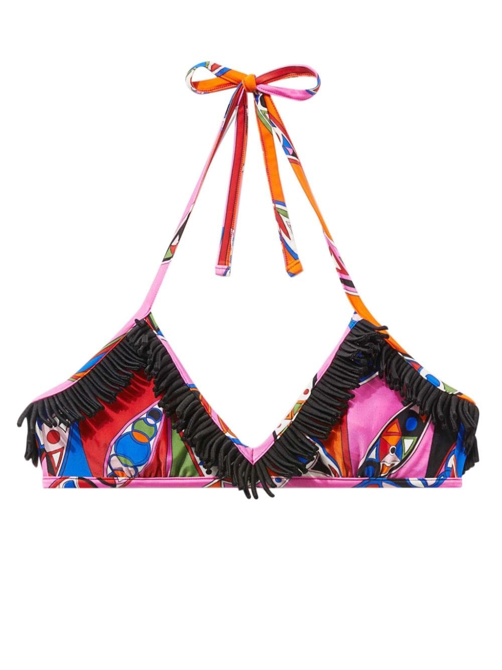 Girandole-print fringed bikini top - 1