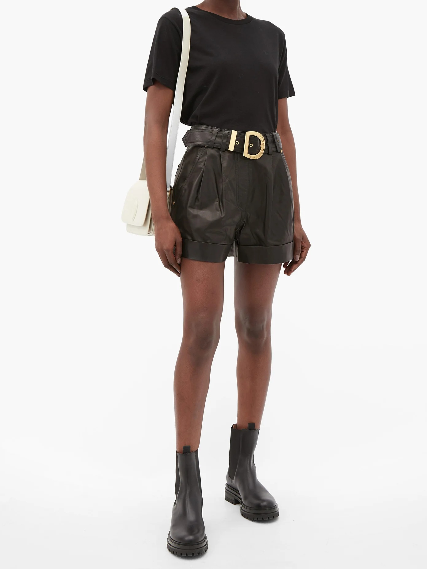 Belted high-rise leather shorts - 2