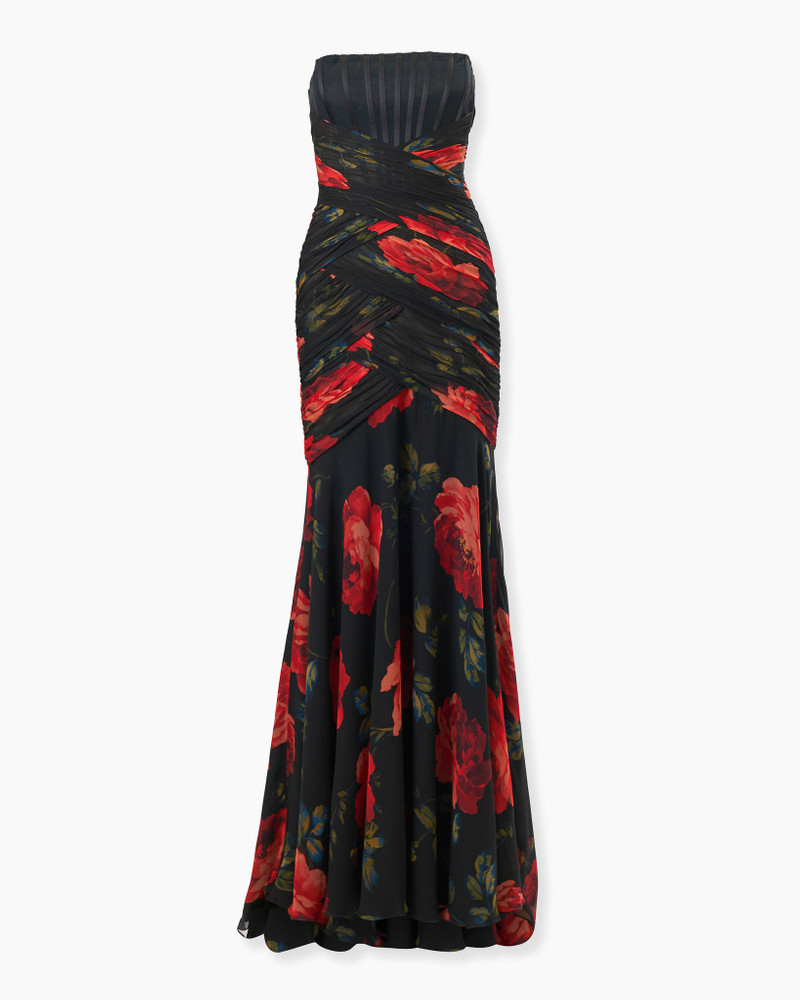 Rose-Print Chiffon Bustier Gown 1