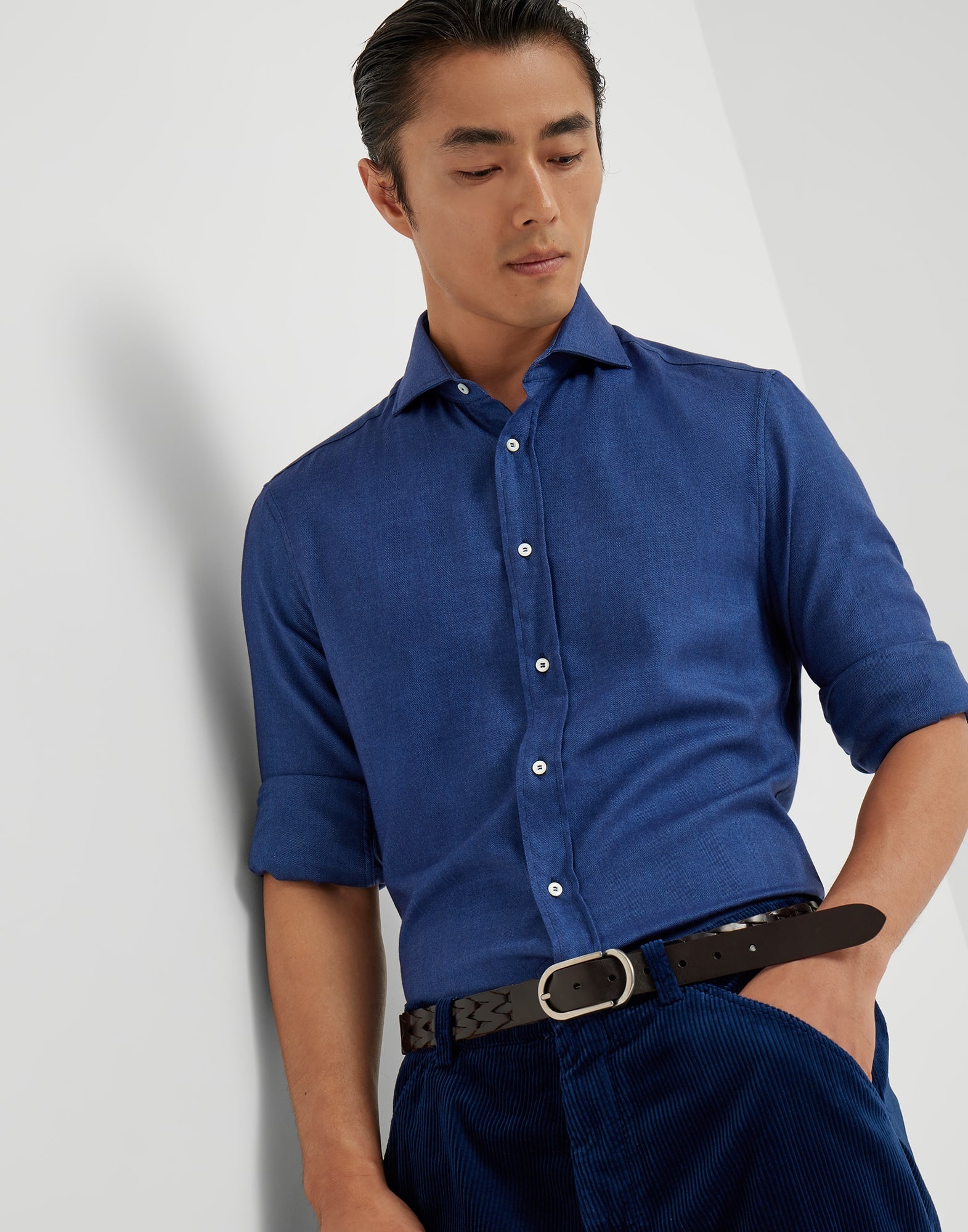 Stretch cotton chevron flannel slim fit shirt with spread collar - 4