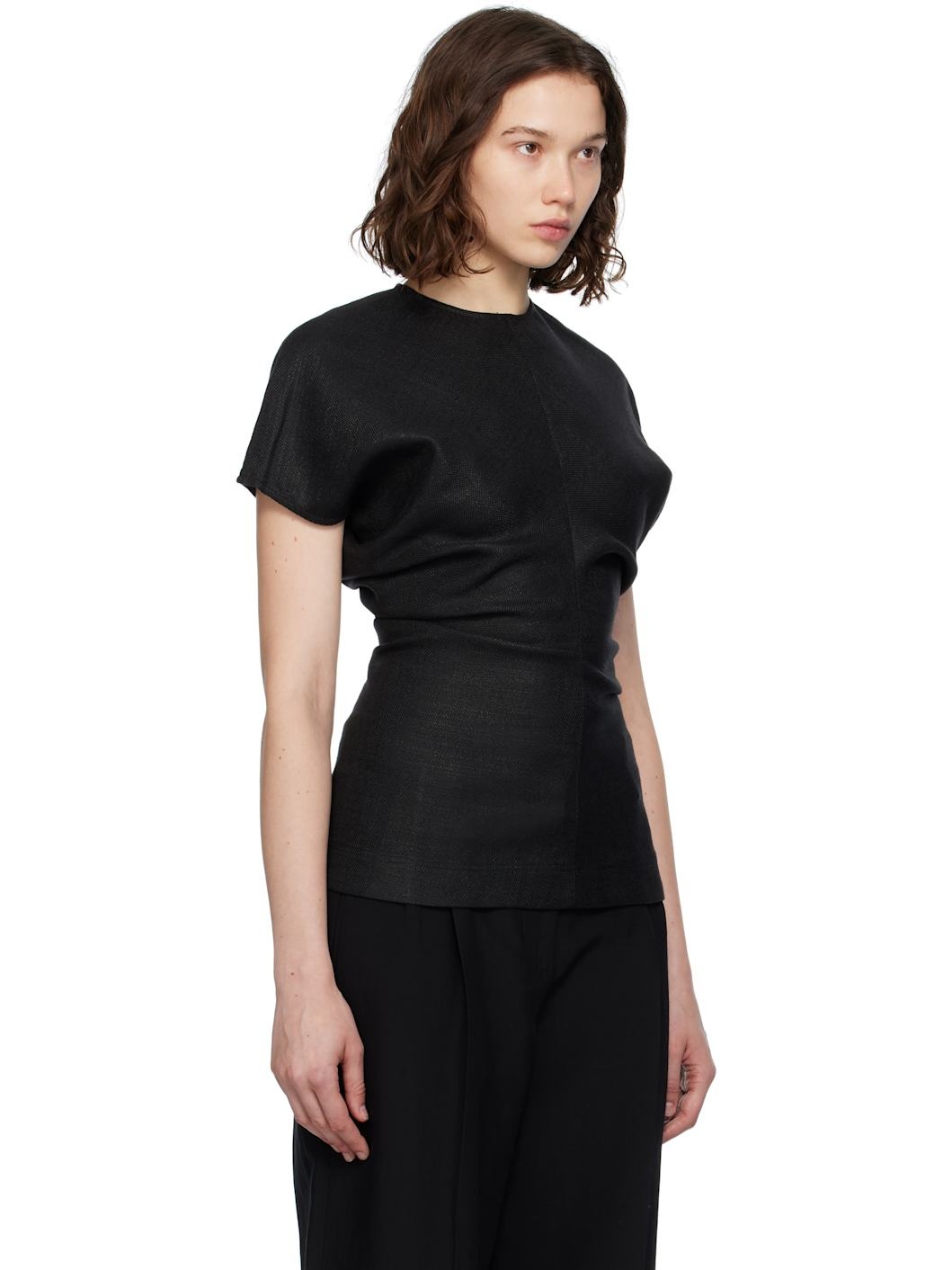 Black Slouch Waist Basketweave Top - 2