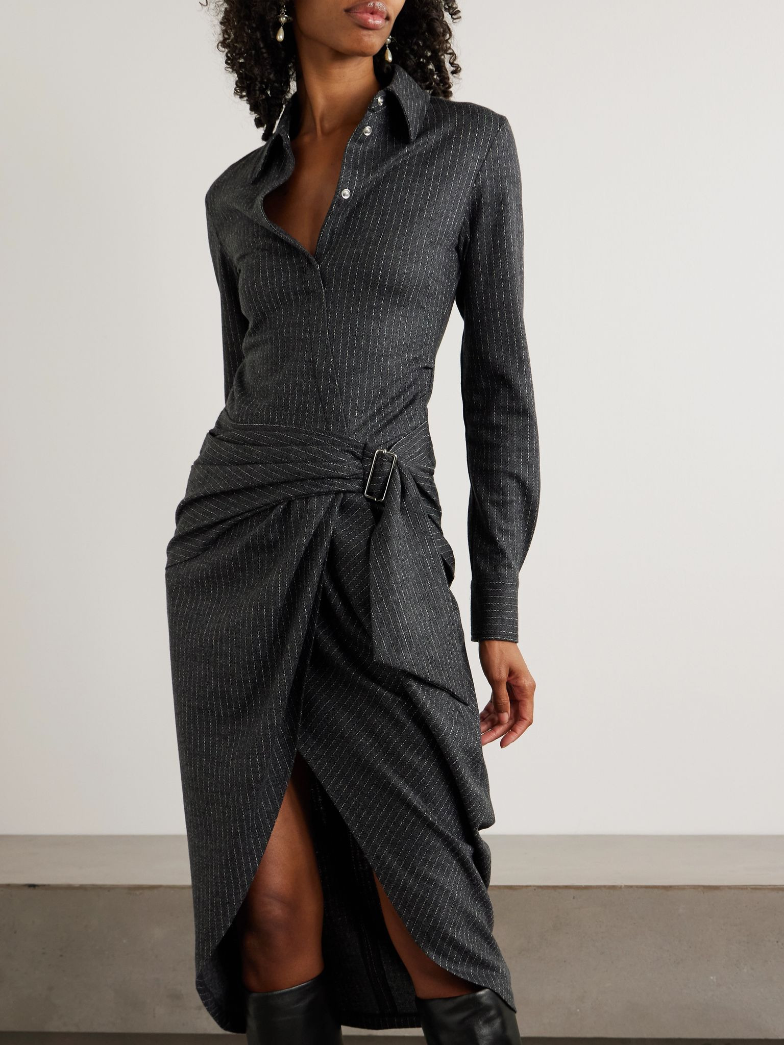Rosalie draped pinstriped wool and cotton-blend mini dress Dark gray - 3