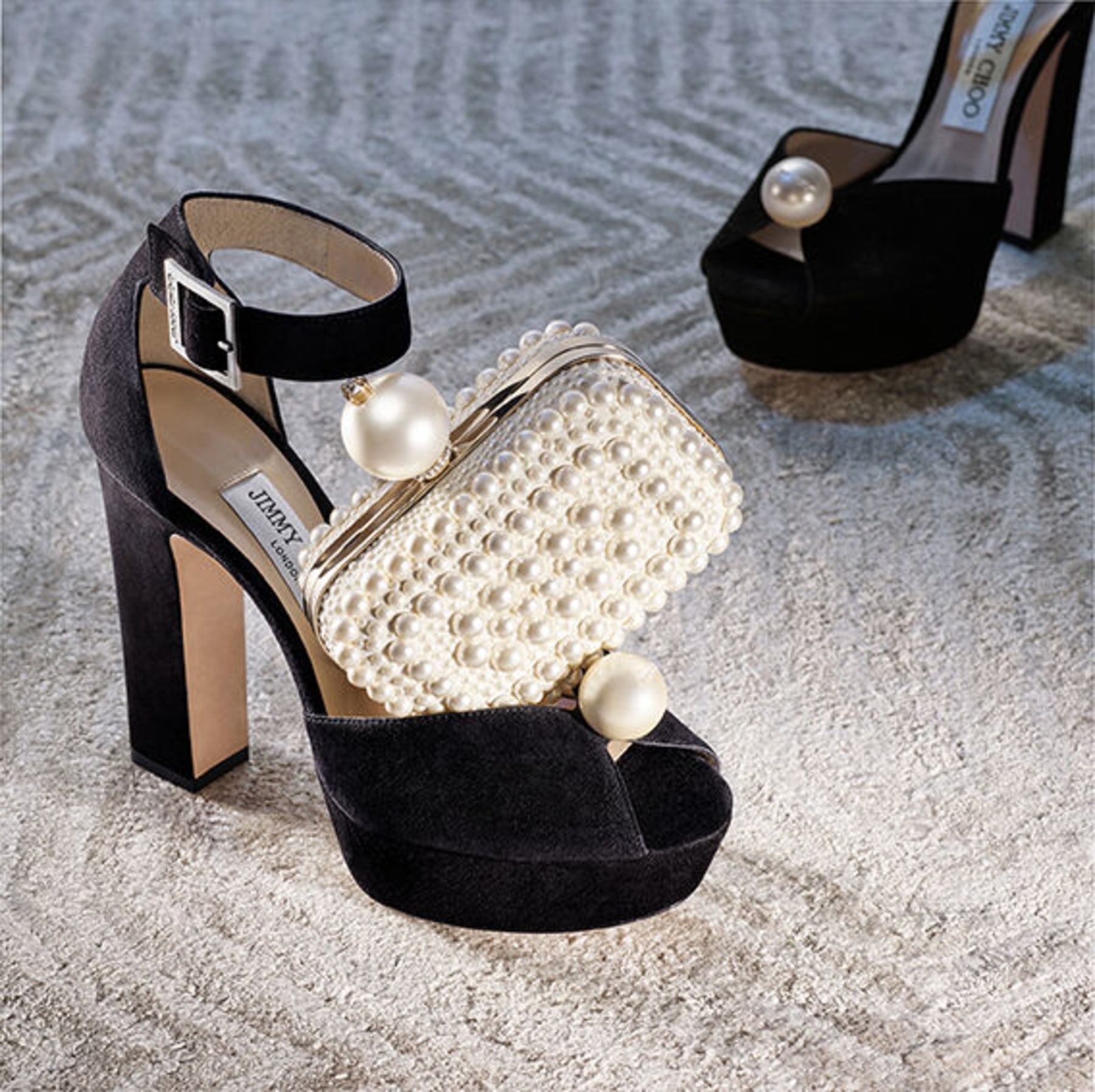 JIMMY CHOO Socorie 120 Black Suede Platform Sandals with Pearl Detailing |  REVERSIBLE