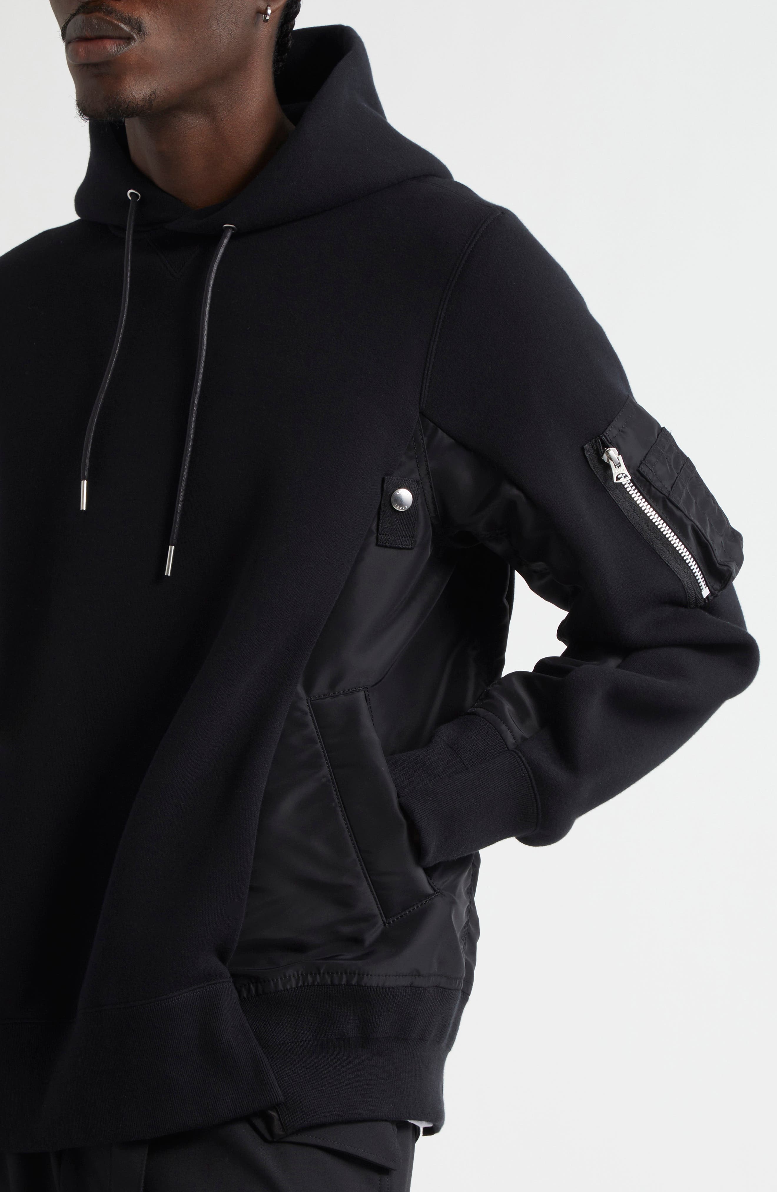 Sacai Sponge Sweat Mixed Media Hoodie in Black/Black 002 at Nordstrom - 5