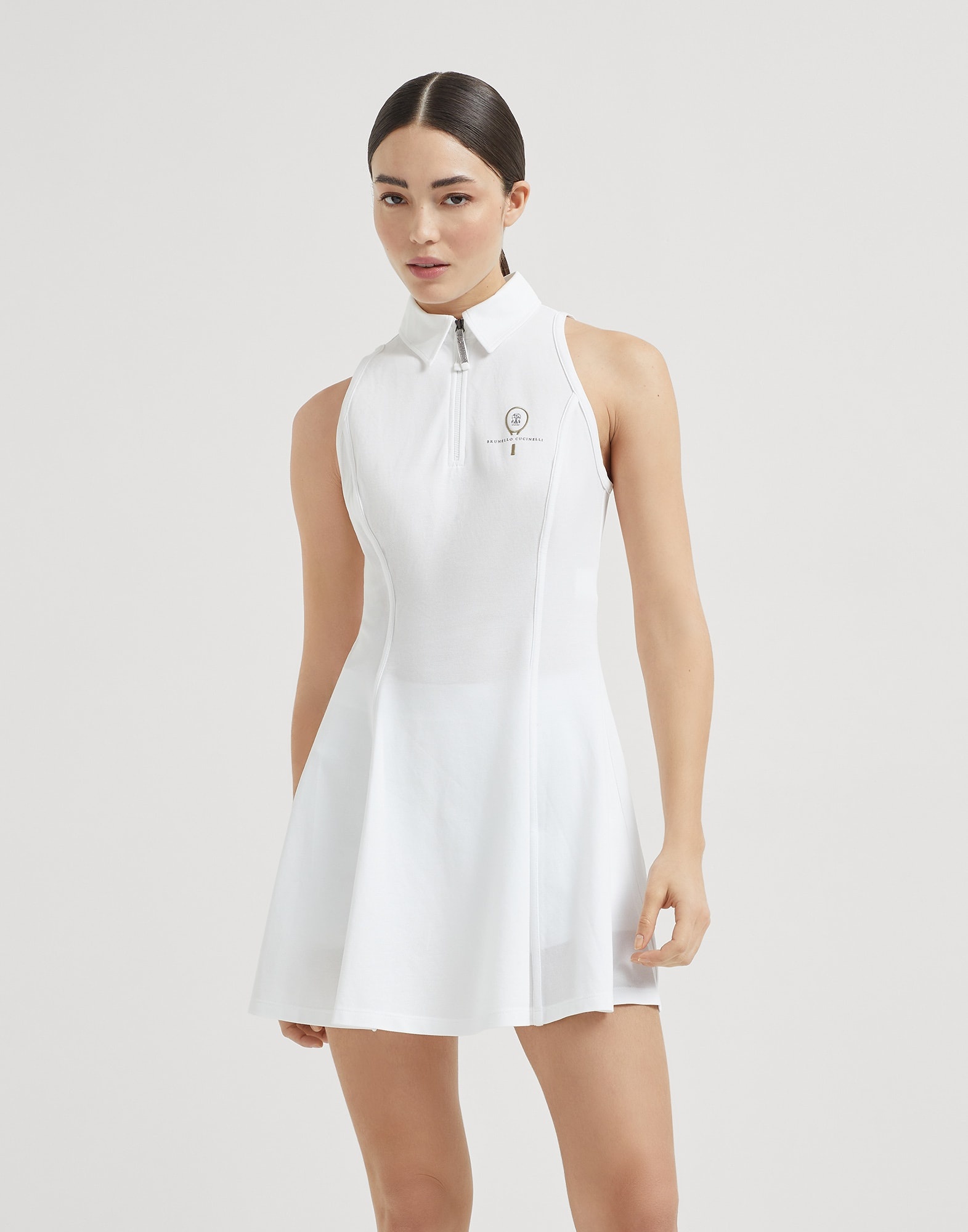 Stretch cotton piqué dress with shiny zipper pull and tennis logo - 1