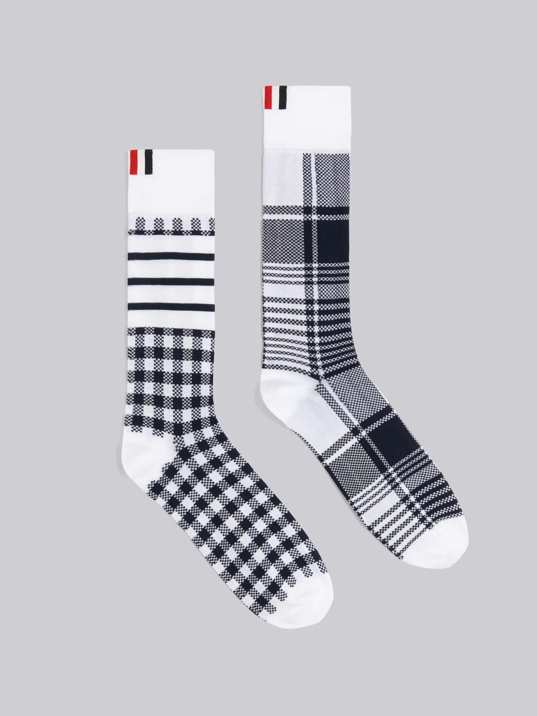 Navy Fun-Mix Gingham and Madras Mercerized Cotton 4-Bar Mid Calf Socks - 1