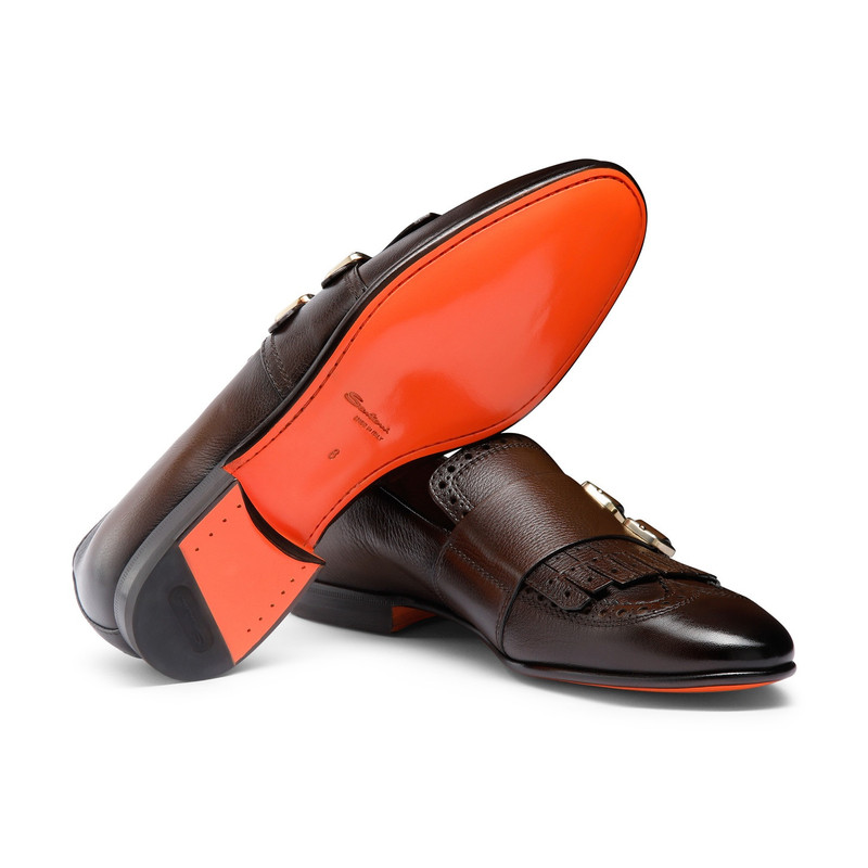 Men’s brown leather double-buckle loafer with fringe 4