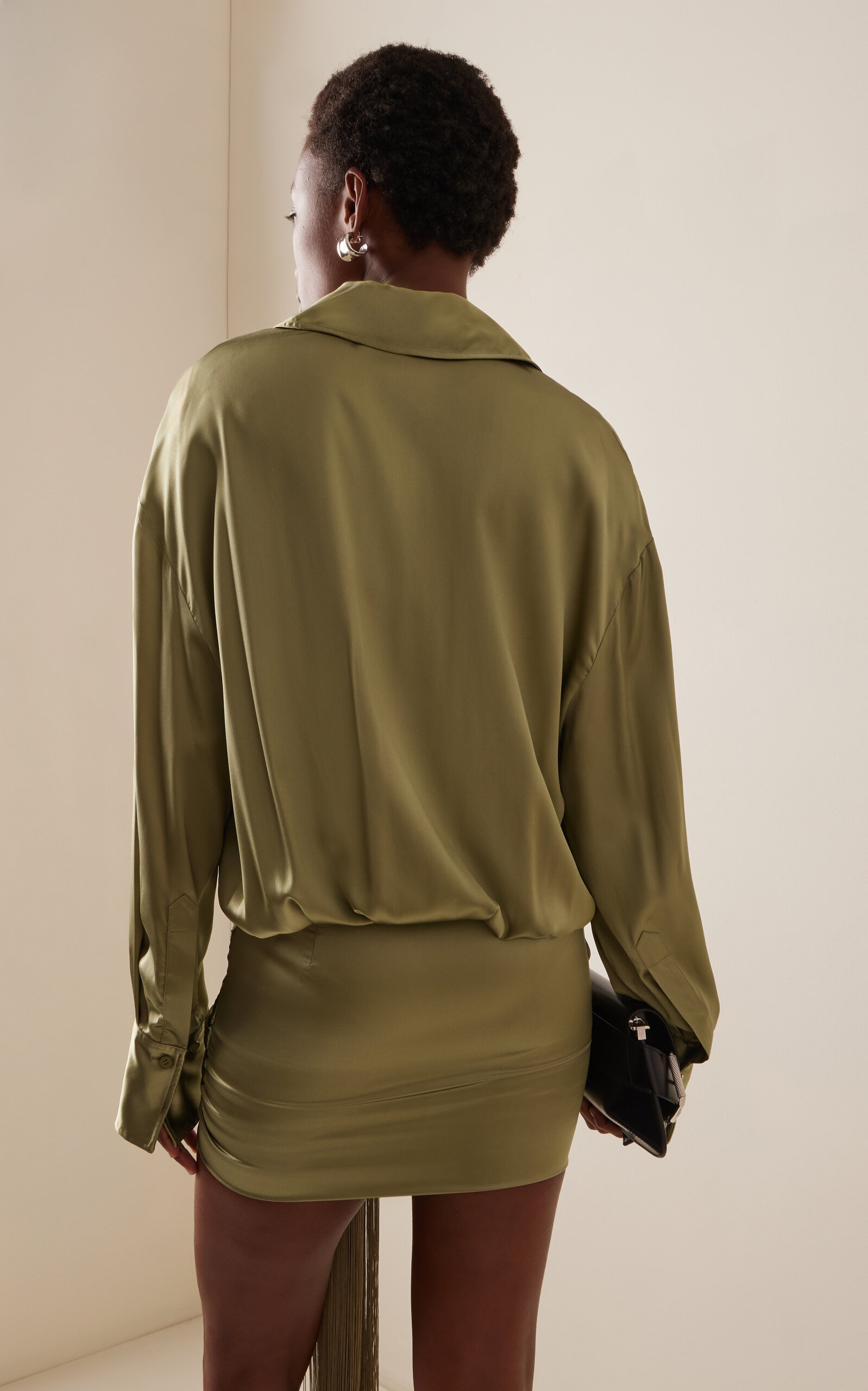 THE ATTICO Fringe-Detailed Silk Mini Shirt Dress green