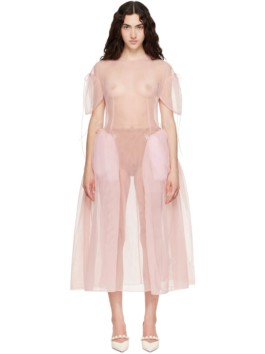 Pink Puff Sleeve Cord Hip Midi Dress - 1
