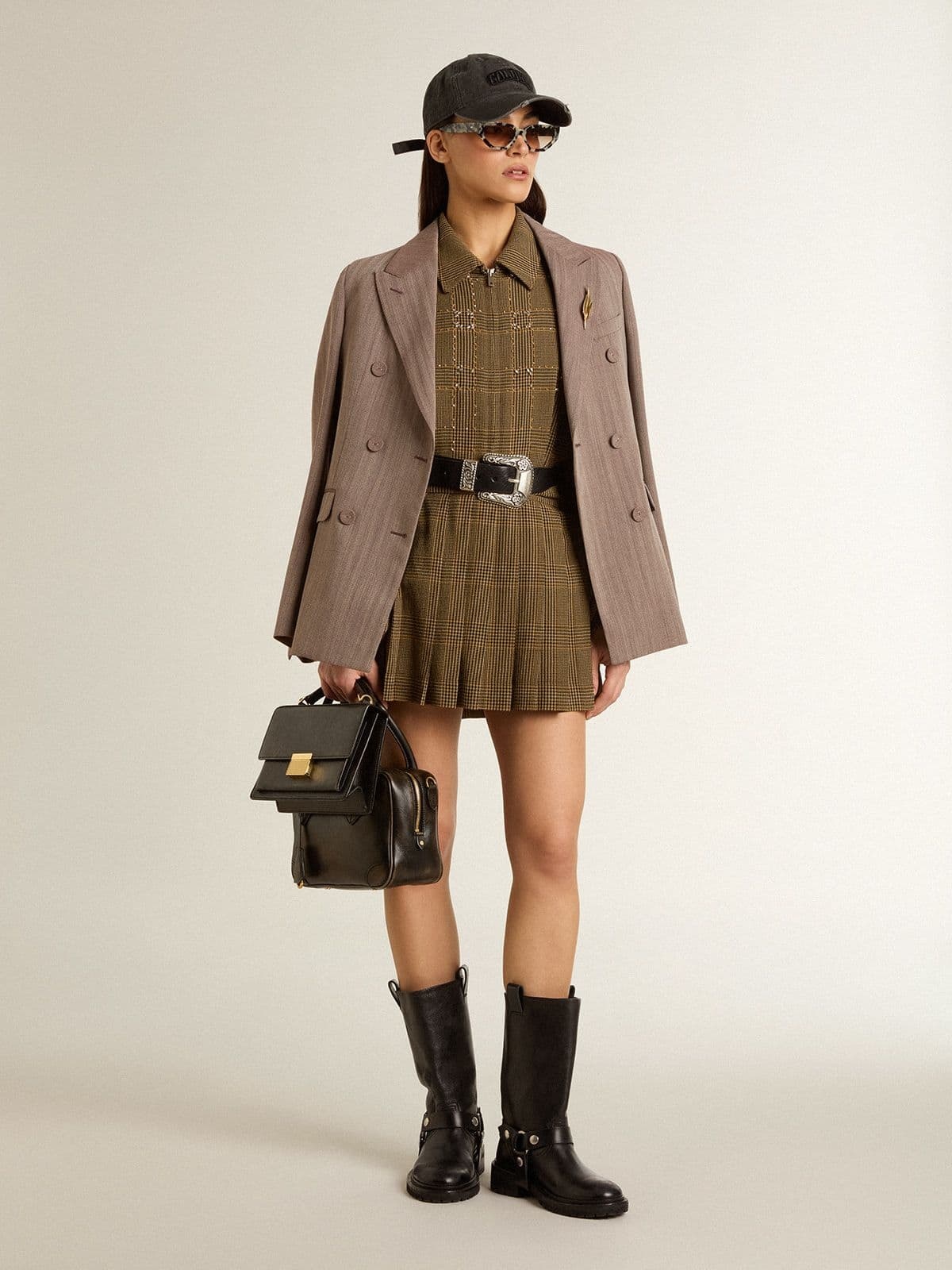 Women's double-breasted blazer in beige chevron wool blend - 3