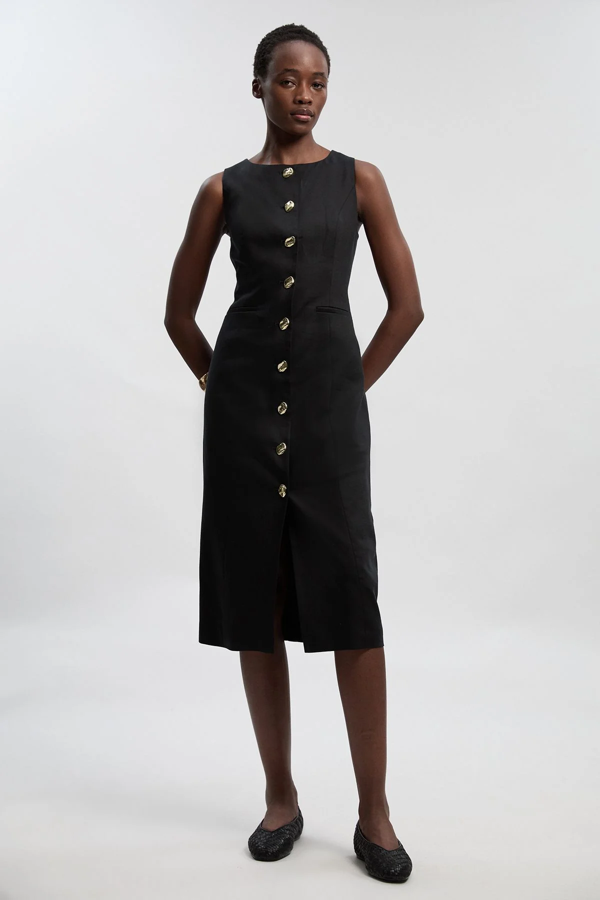 Tailored Linen Statement Button Front Pencil Midi Dress - 1