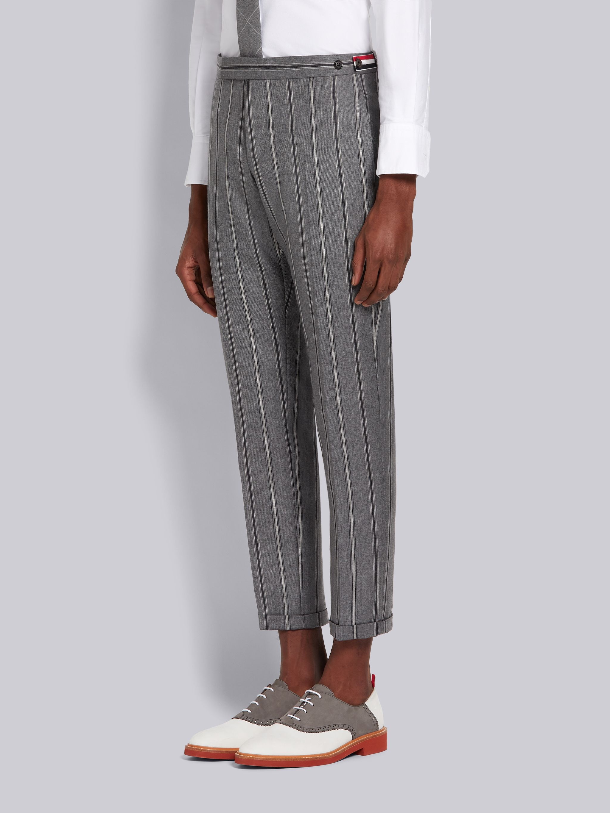 Medium Grey Wool Twill Suiting Alternating Stripe Low Rise Skinny Side Tab Trouser - 2