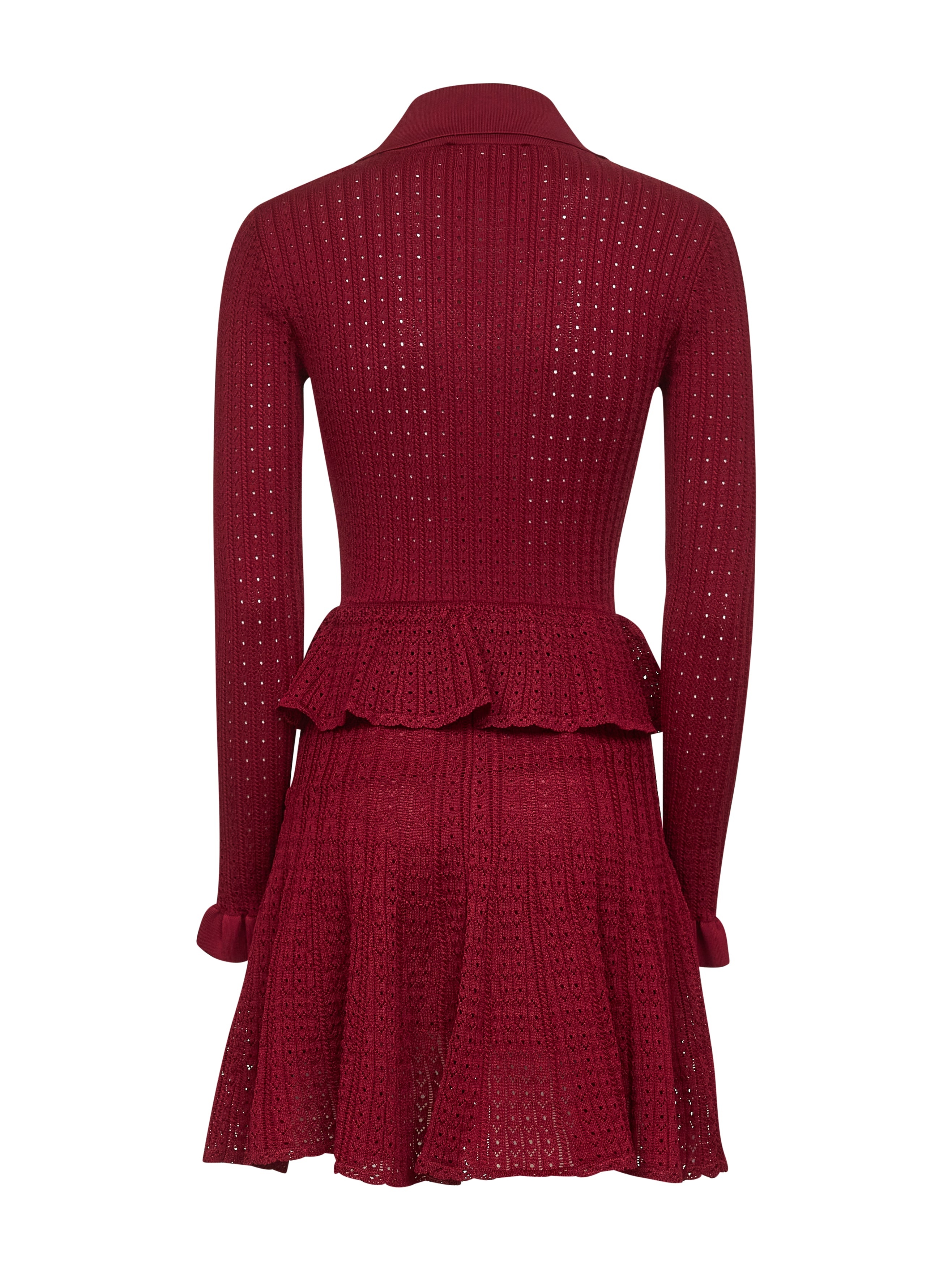 Burgundy pointelle knit long-sleeved mini dress - 2