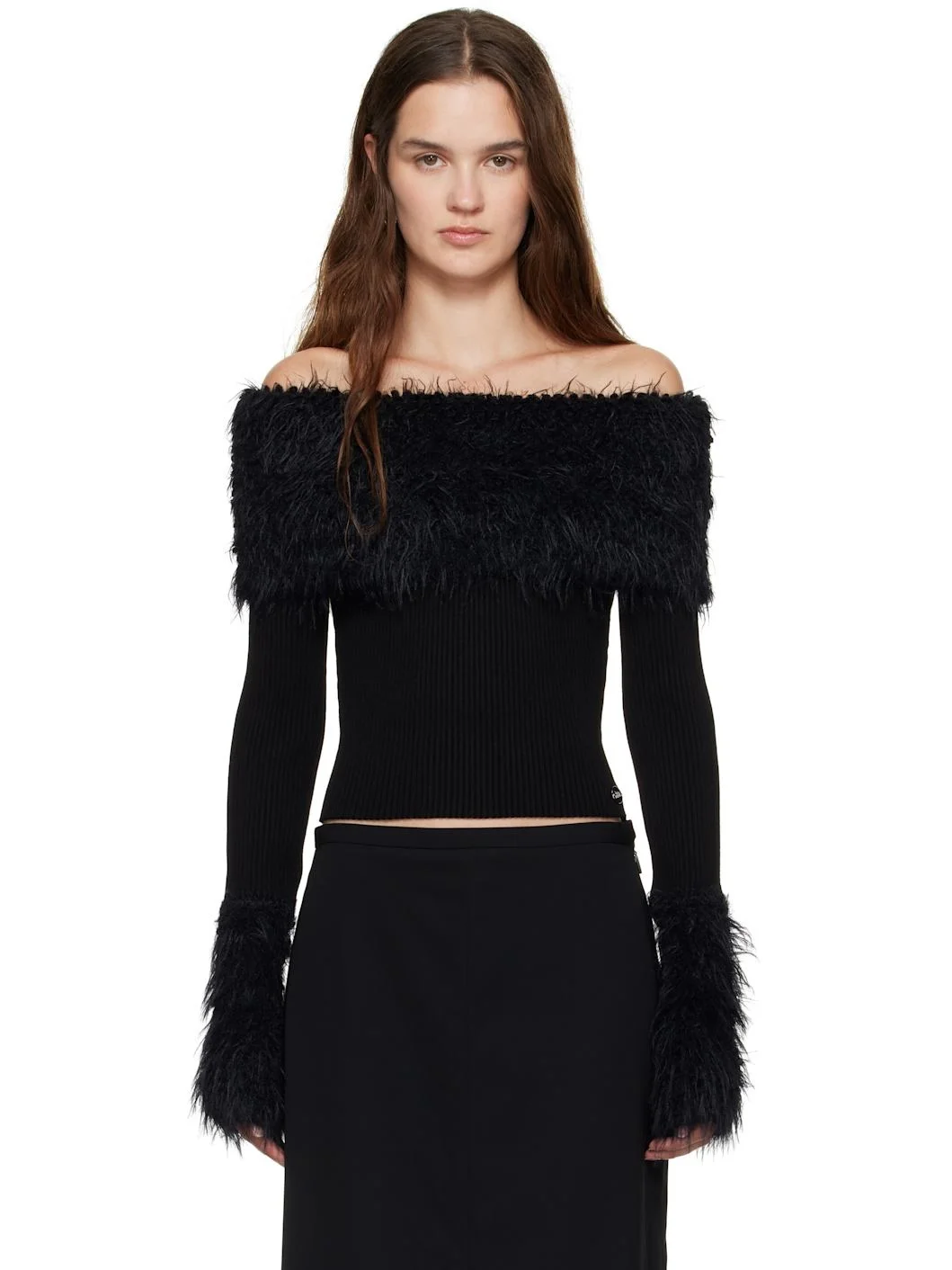 Black Viscose Ribbed & Hairy Sweater - 1