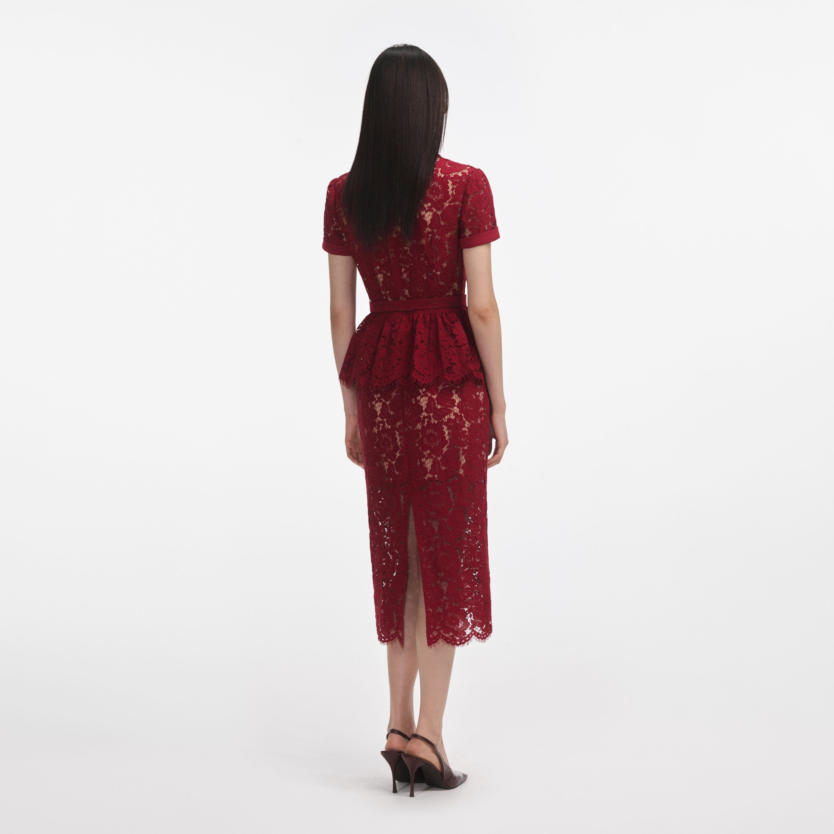Burgundy Lace Peplum Midi Dress - 3