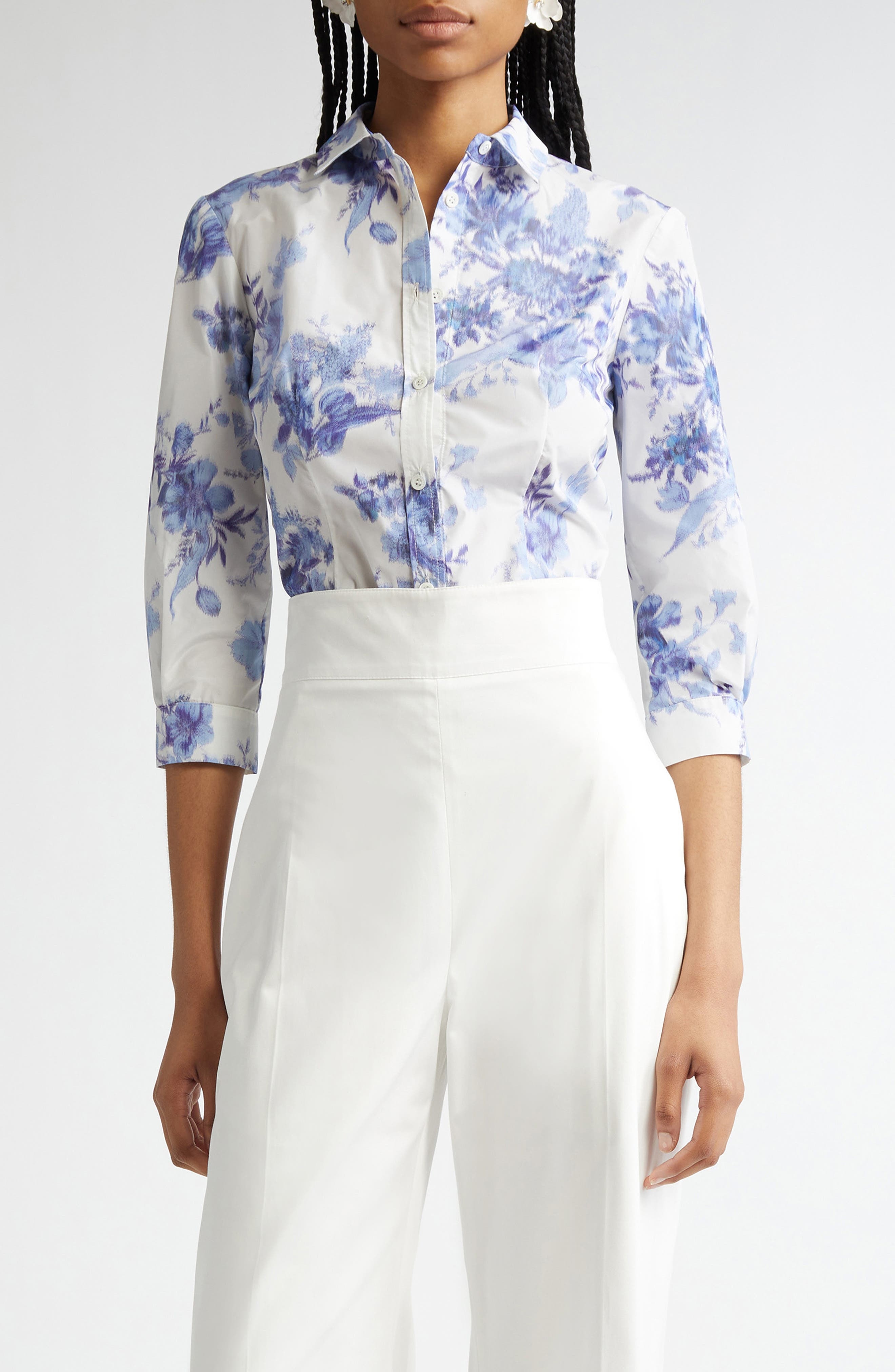Carolina Herrera Icon Floral Taffeta Button-Up Shirt in Ivory/Blue at Nordstrom - 1