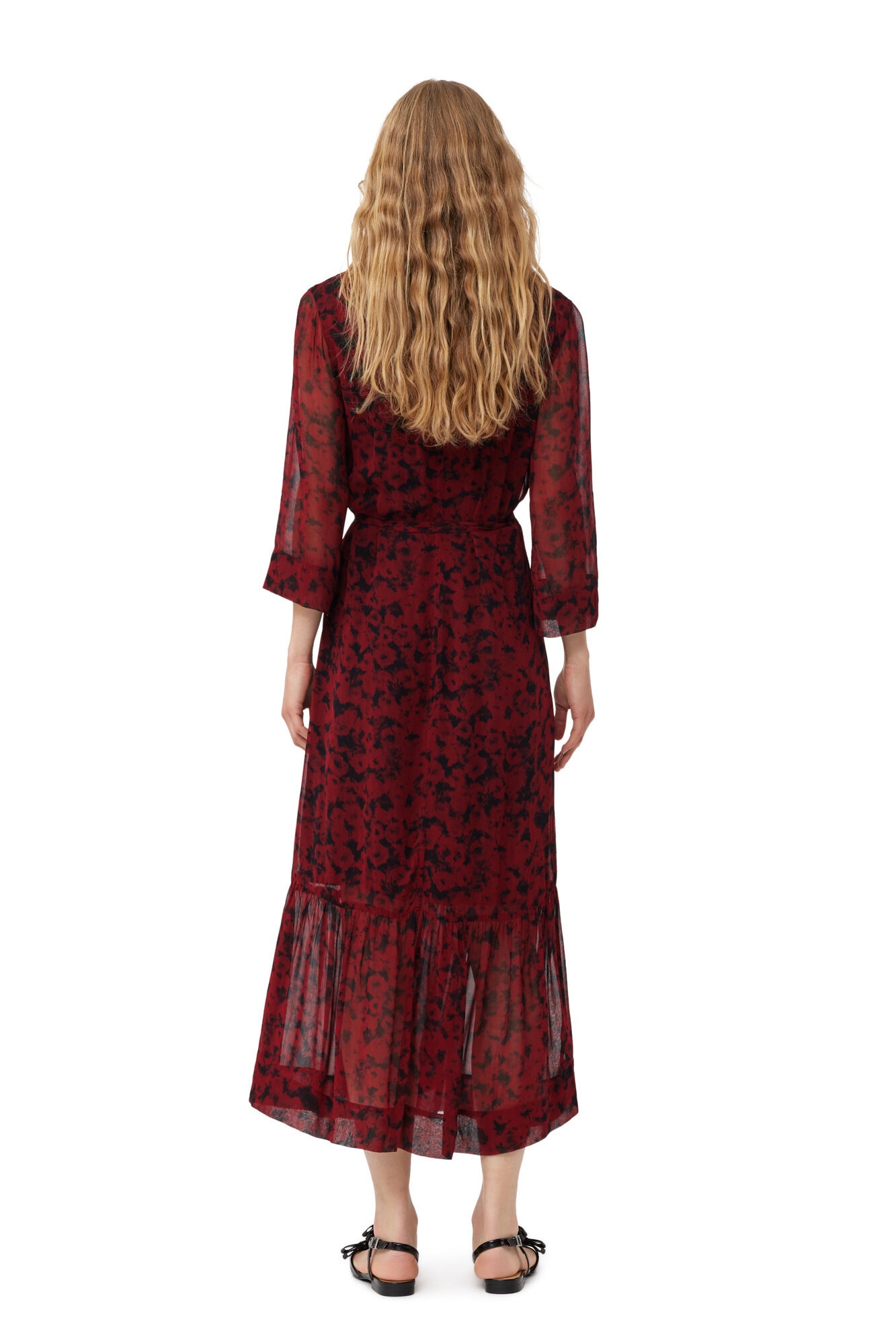 RED PRINTED LIGHT GEORGETTE WRAP MIDI DRESS - 3