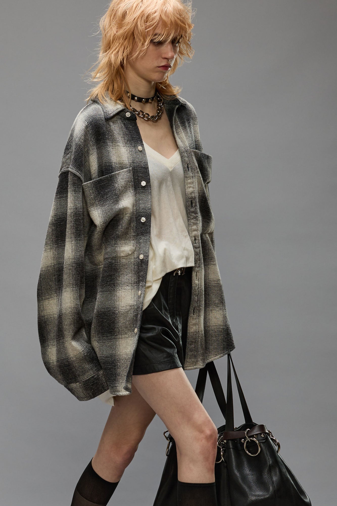 OVERSIZED POCKET DROP NECK - GREY OMBRE PLAID - 1