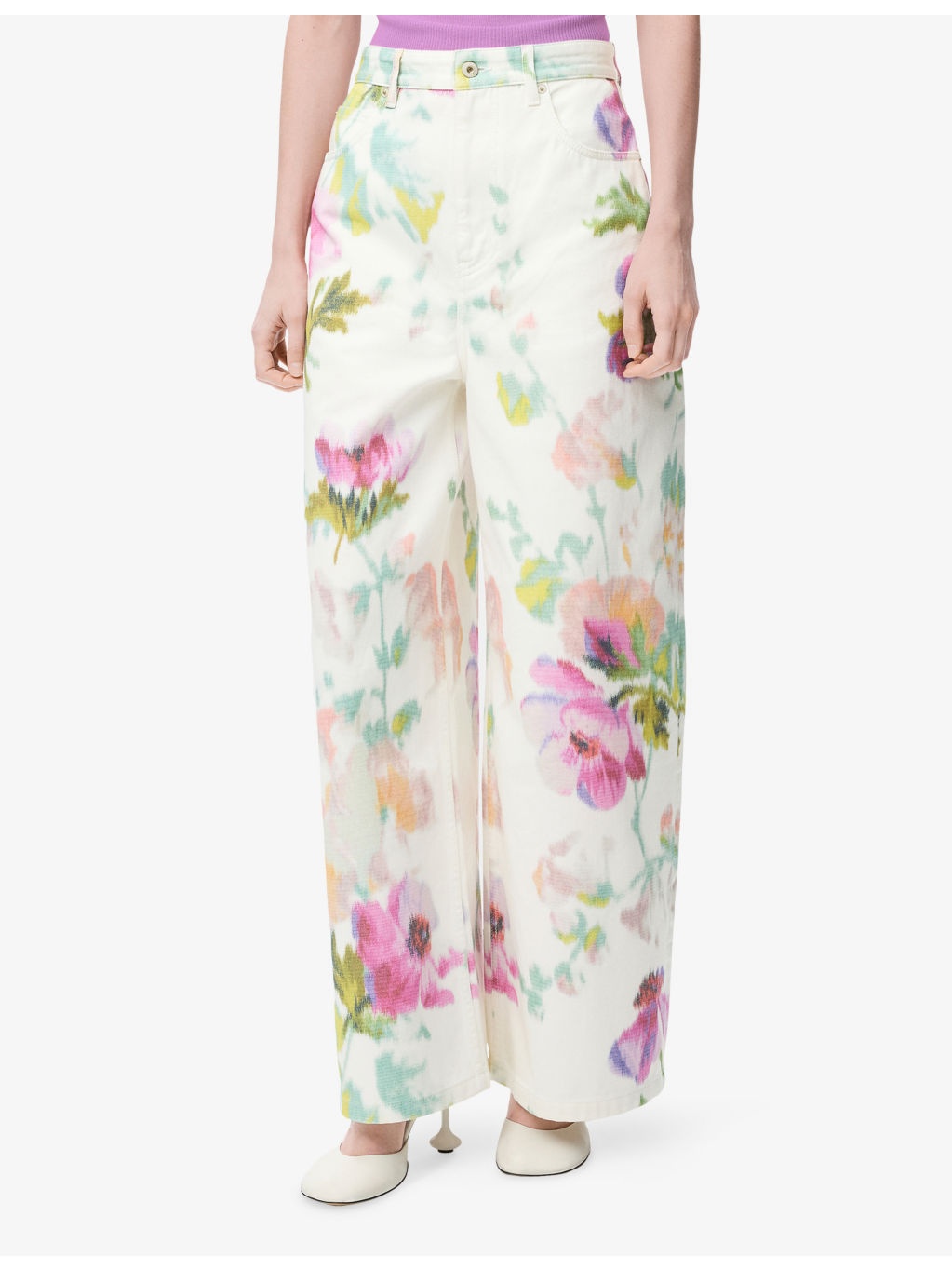 Floral-Print Wide-Leg Mid-Rise Denim Jeans - 3