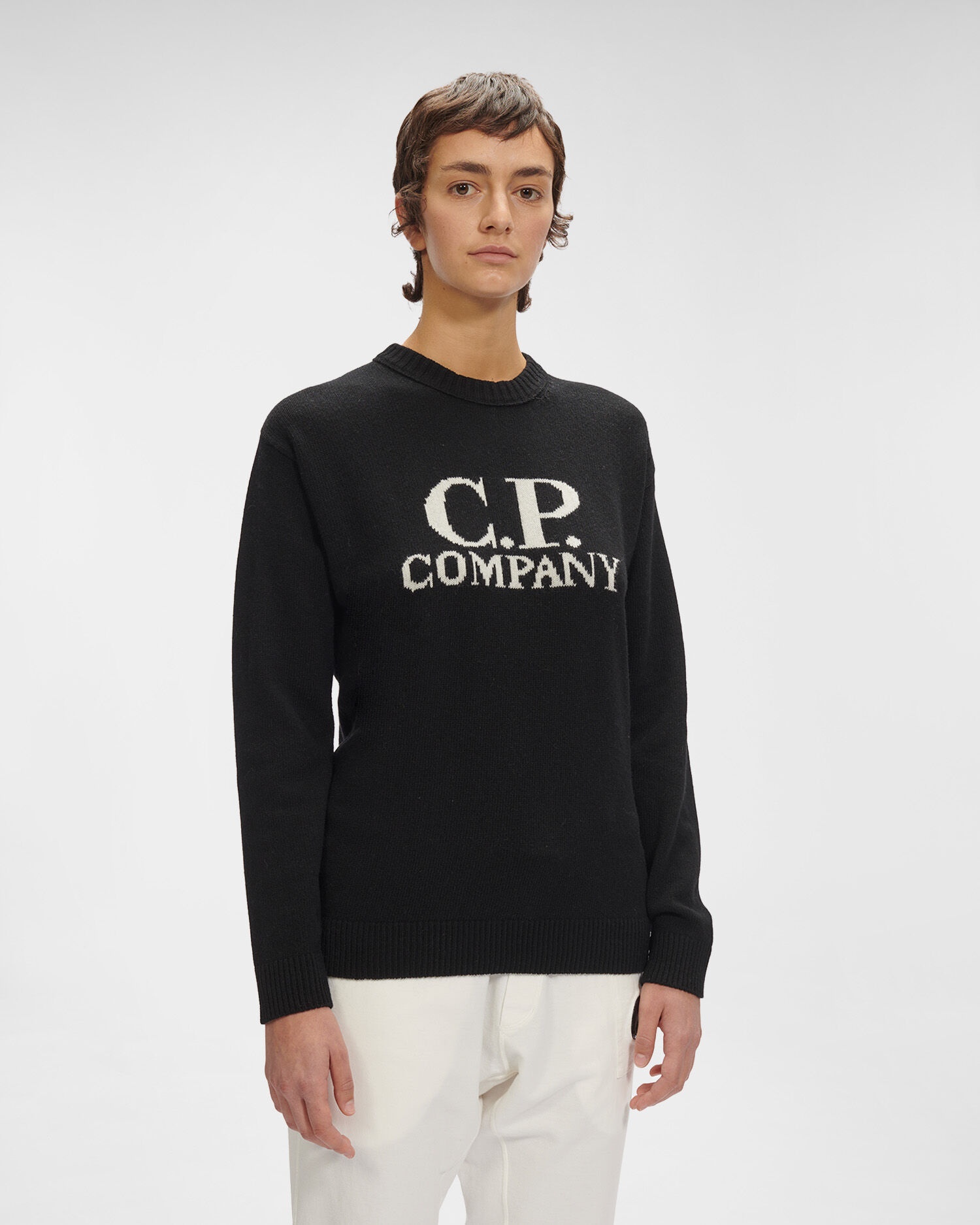 C.P. Company Wool Jacquard Logo Hooded Knit Black/White