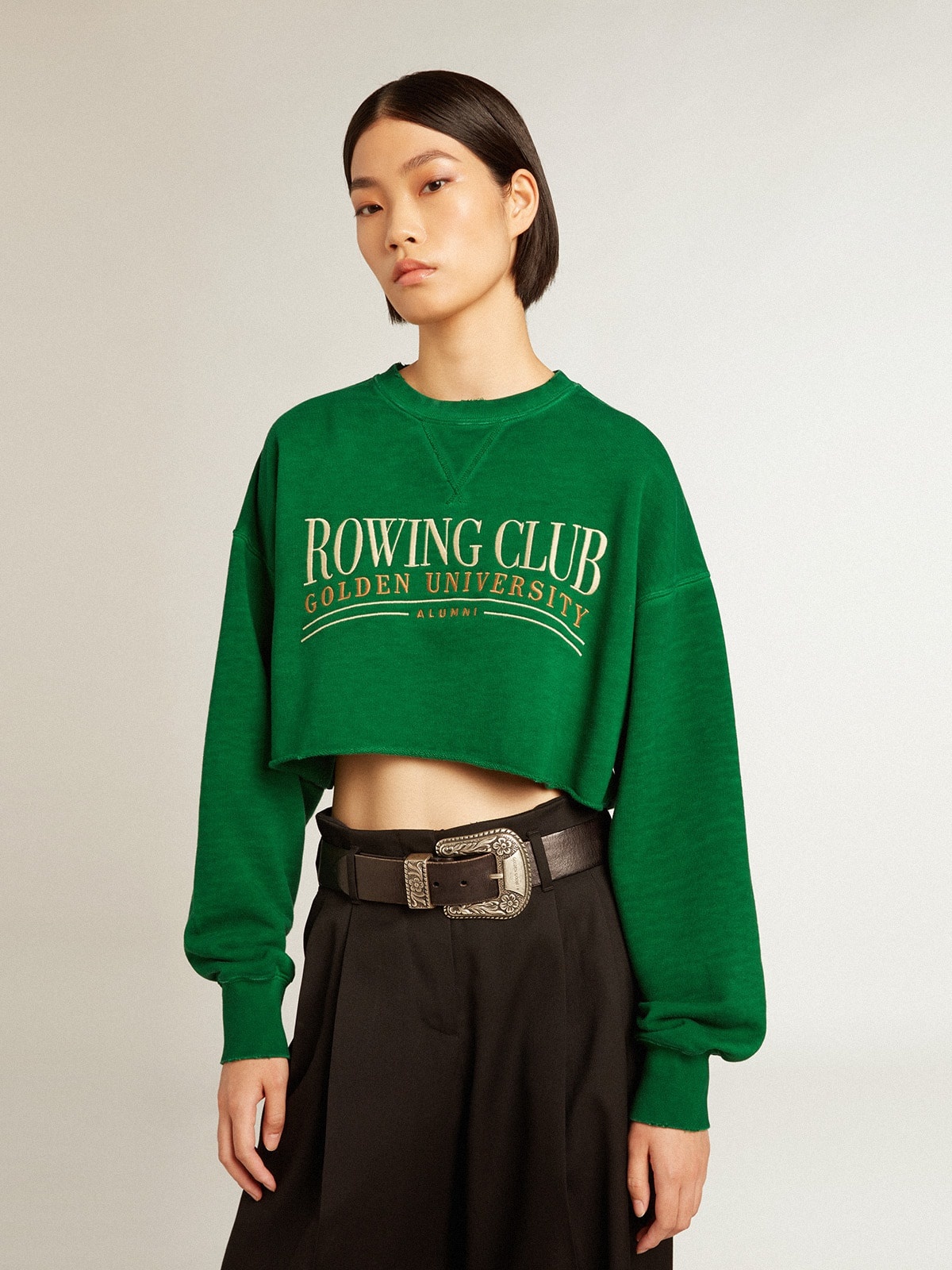 Green cropped round-neck cotton sweatshirt - 2