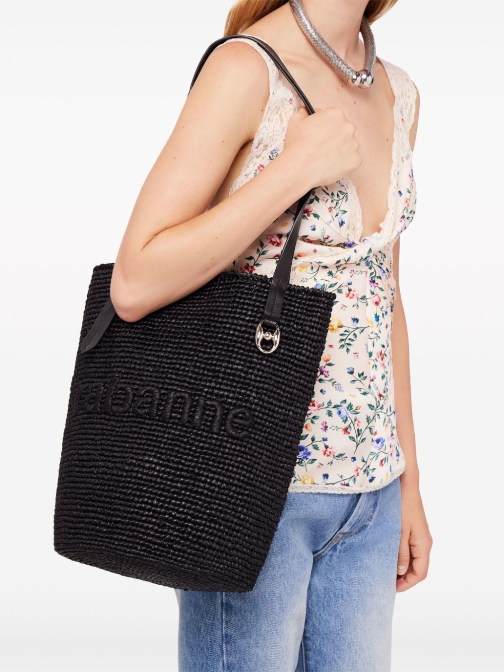 logo-embroidered raffia tote bag - 3