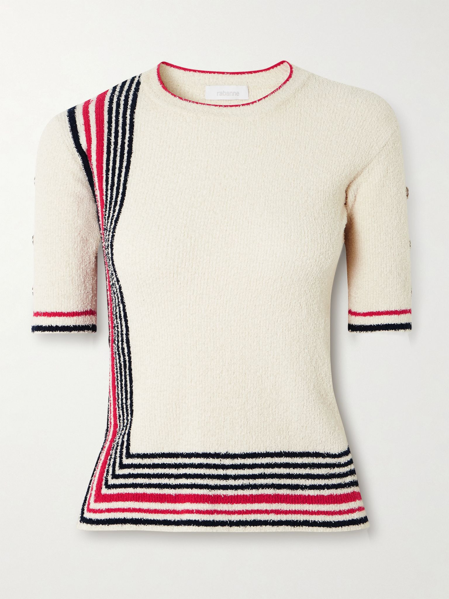 Button-embellished striped cotton-blend chenille sweater Off-white - 1