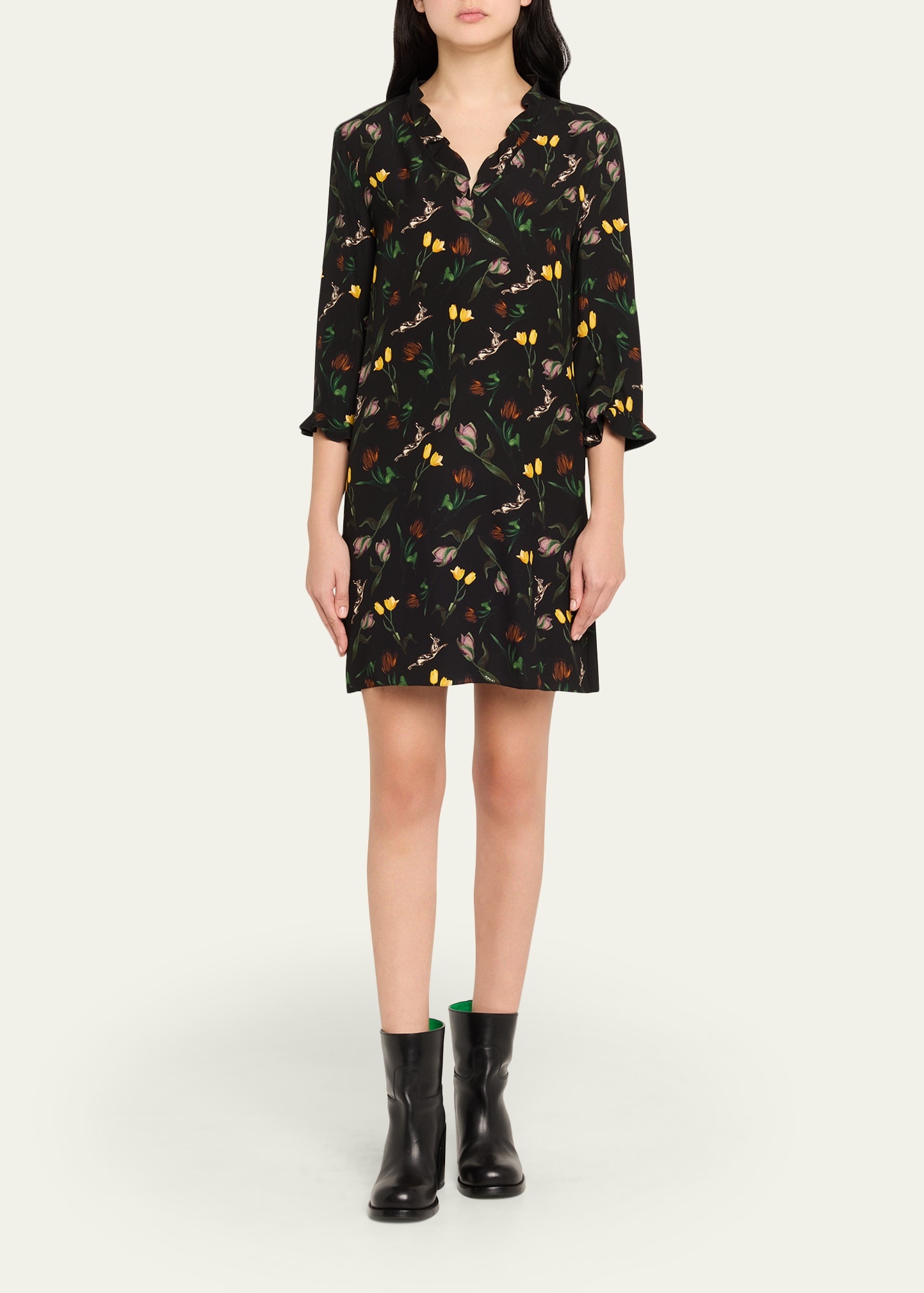 Floral Ruffle 3/4-Sleeve Mini Dress - 2