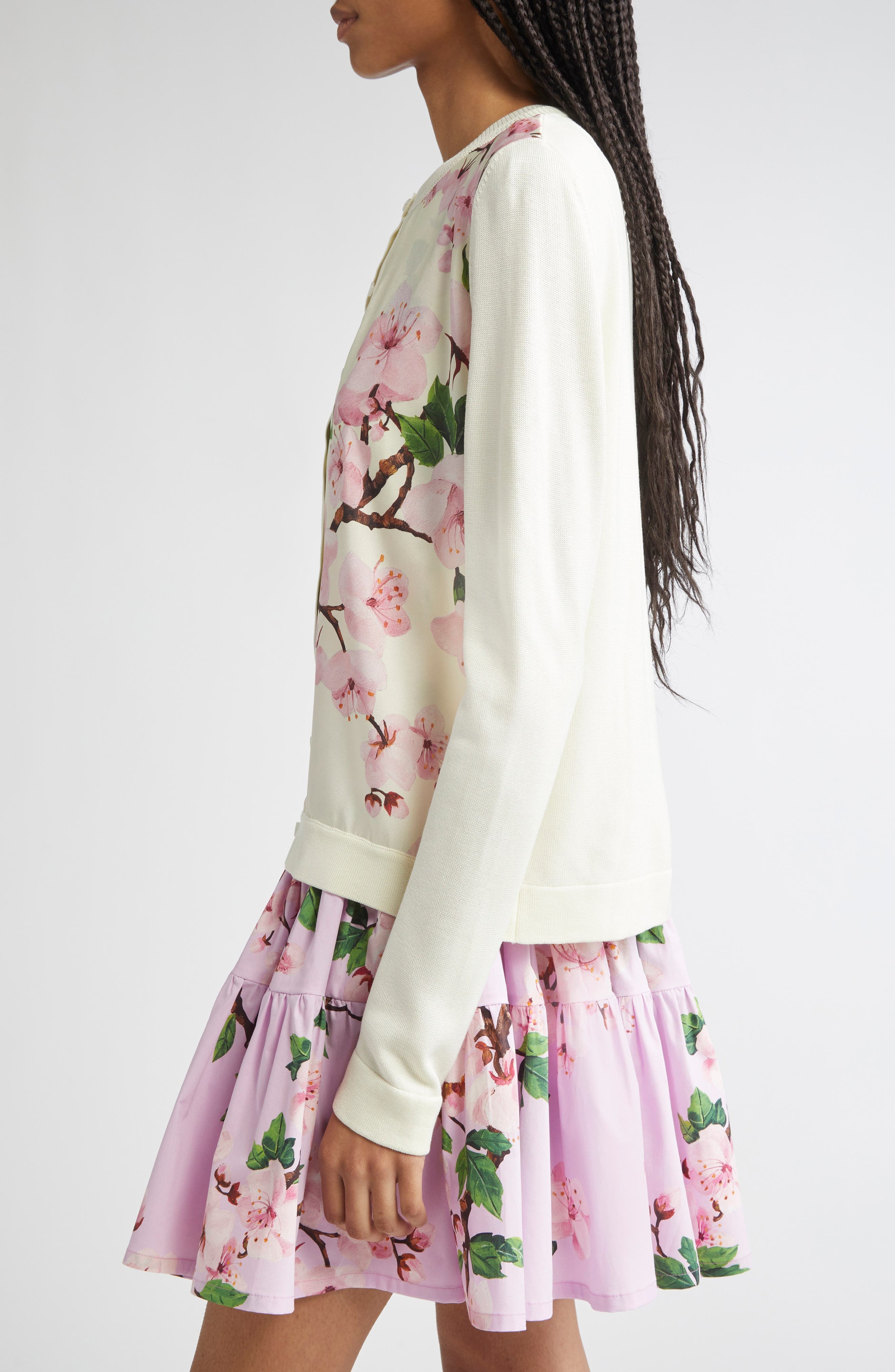 Oscar de la Renta Cherry Blossom Inset Cardigan in Pink/Ecru at Nordstrom - 4