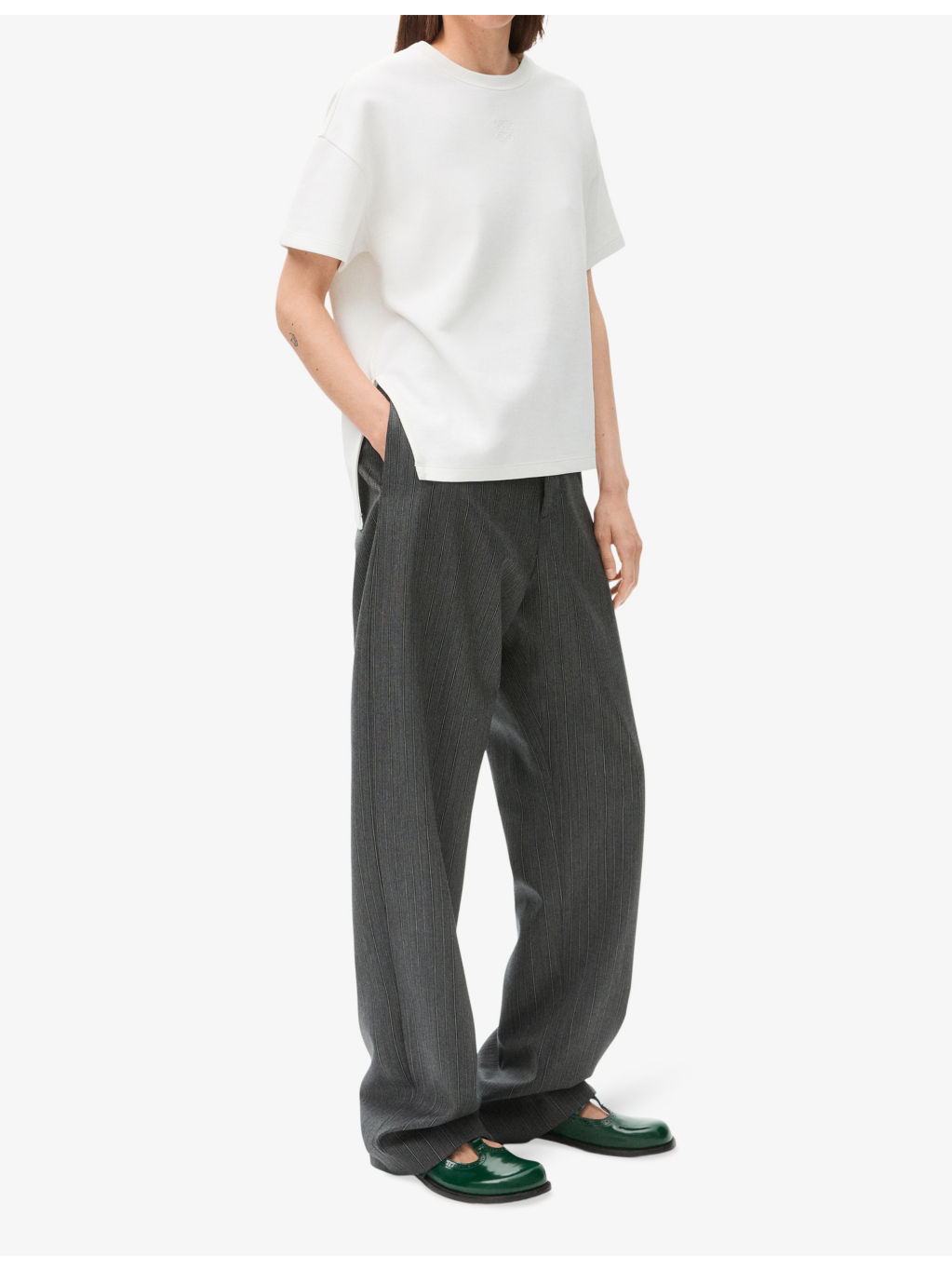 Anagram-embroidered asymmetric-hem cotton-blend jersey T-shirt - 2