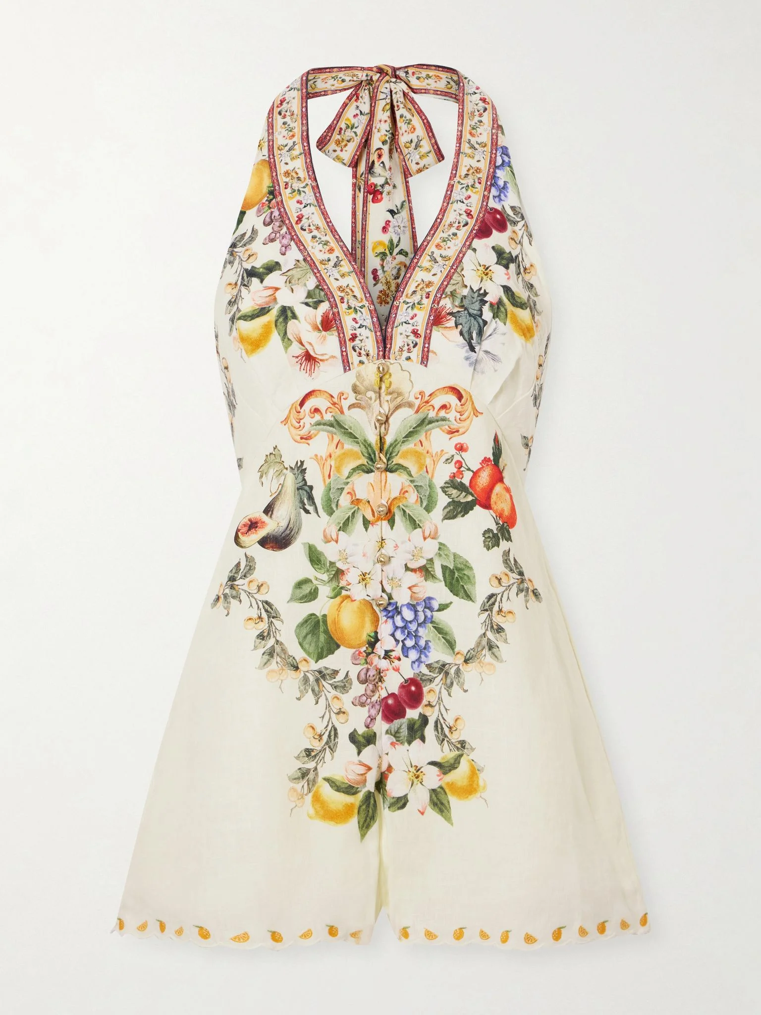 Embellished floral-print linen playsuit Cream - 1