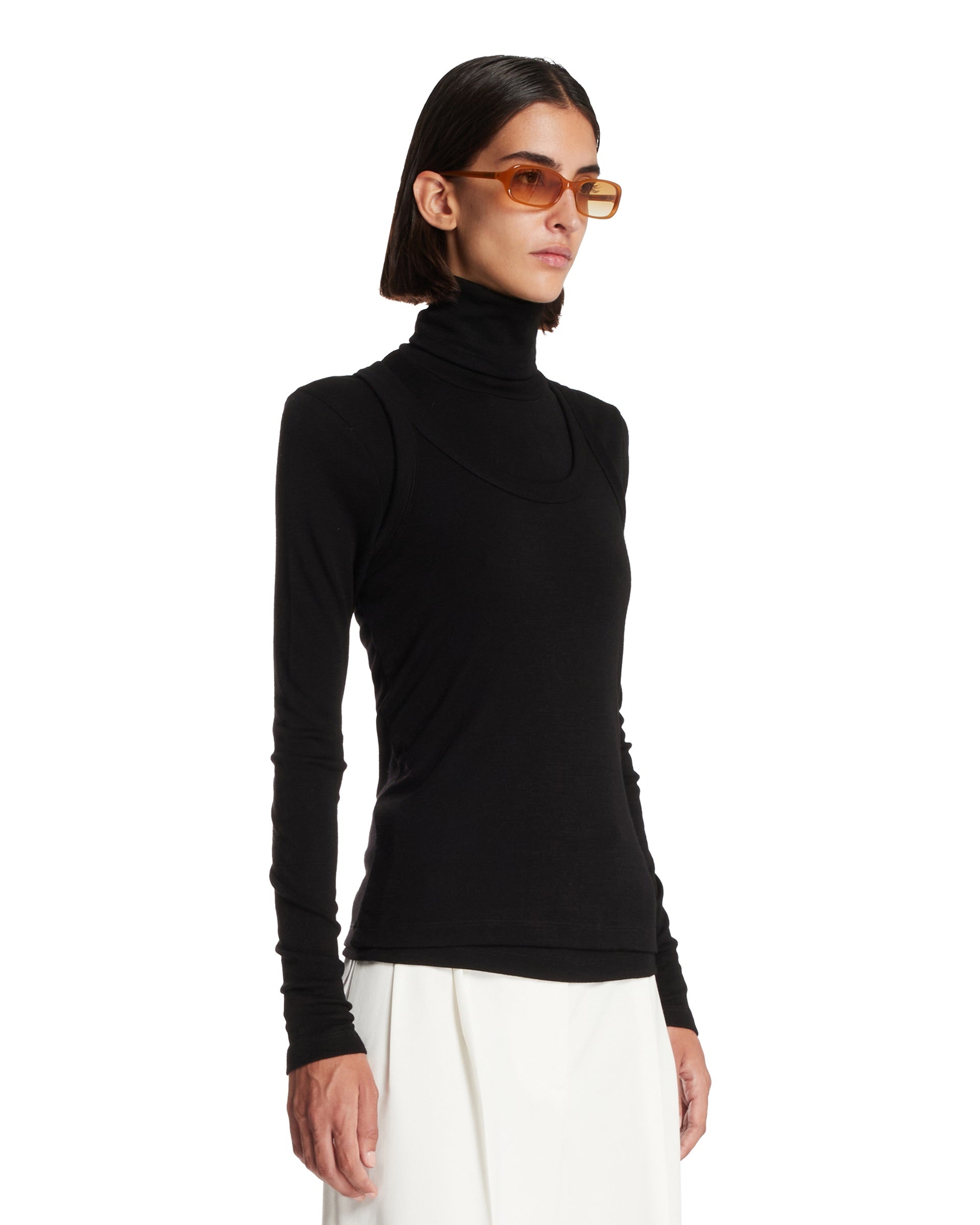 Black Double-Layer Wool Top - 4