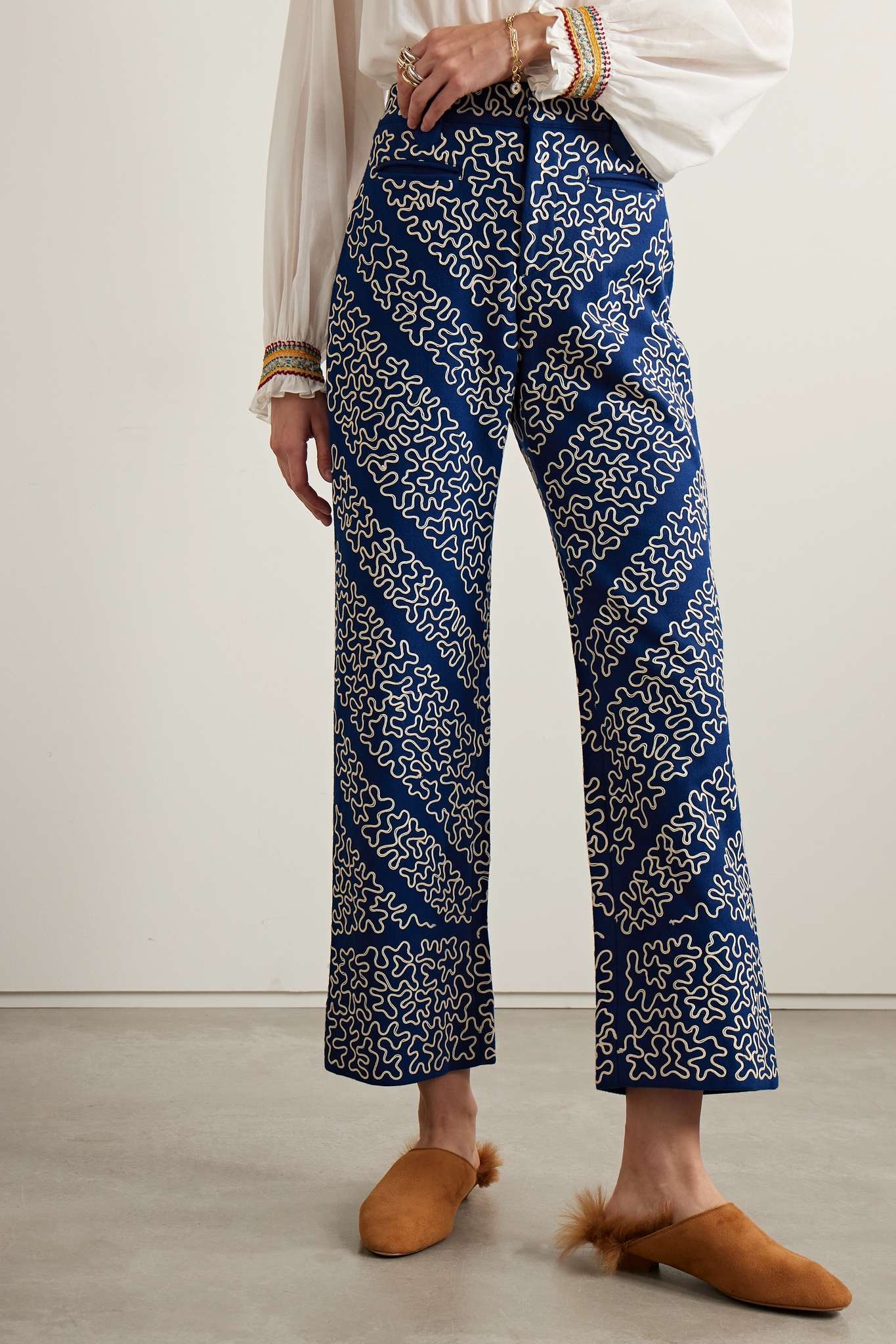 Bombora cropped embroidered wool-blend wide-leg pants - 3