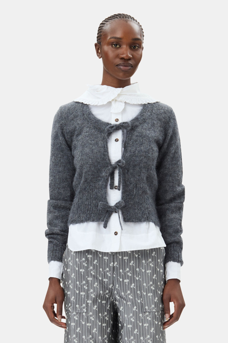GANNI GREY LIGHT MOHAIR TIE STRING CARDIGAN outlook