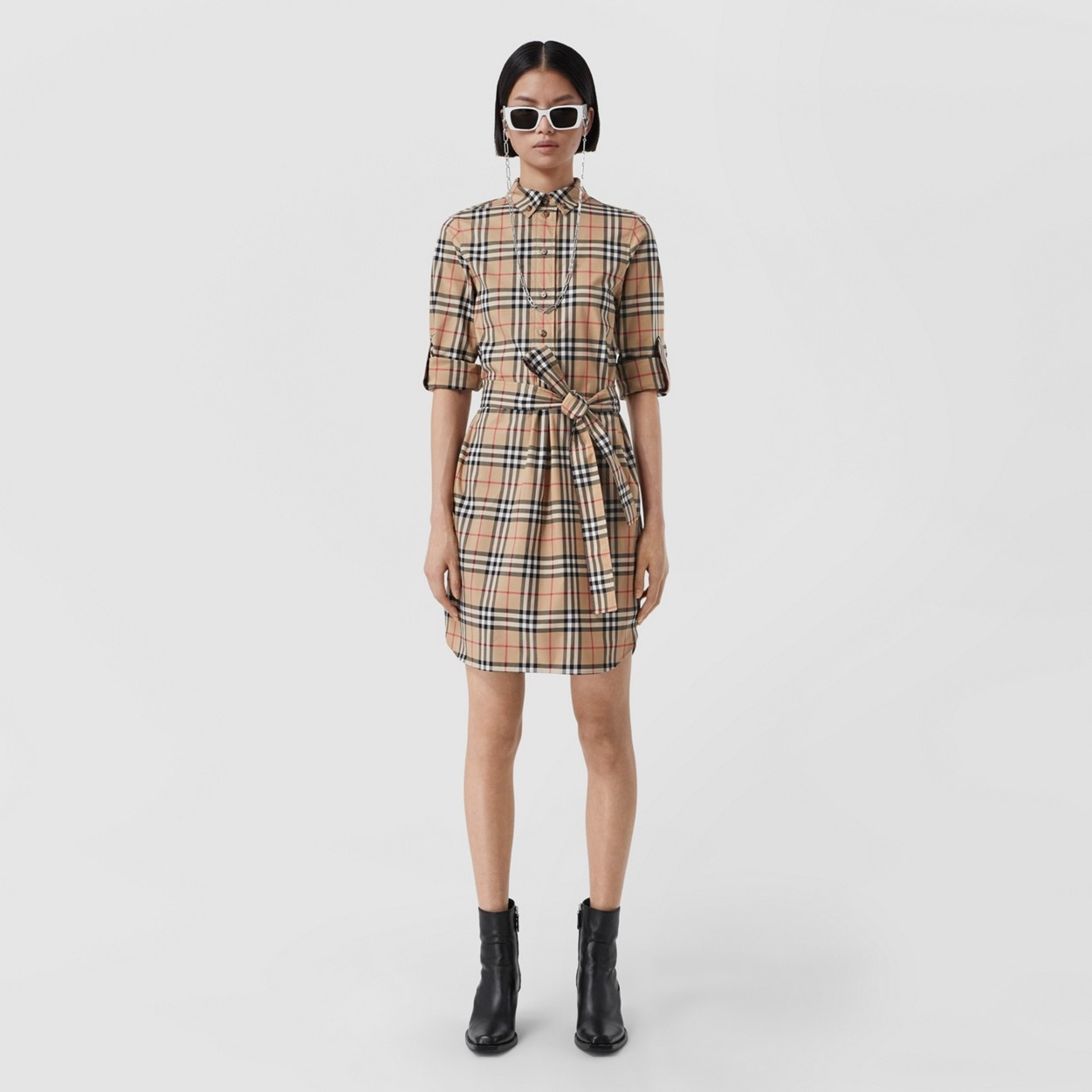 Vintage Check Stretch Cotton Tie-waist Shirt Dress - 2