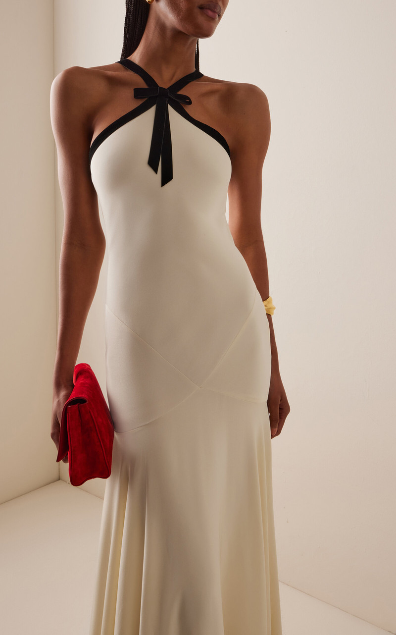 RODARTE Velvet-Trimmed Silk Crepe Maxi Halter Dress neutral outlook