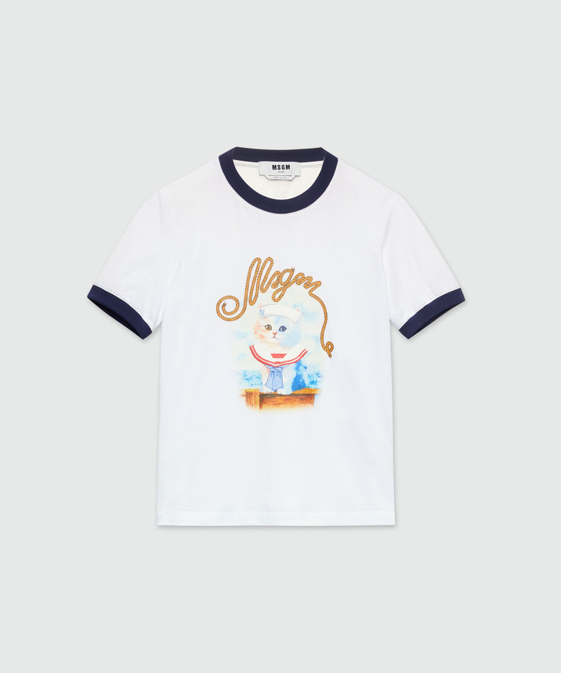 White cotton T-Shirt with MSGM Sailor Kitten print 1