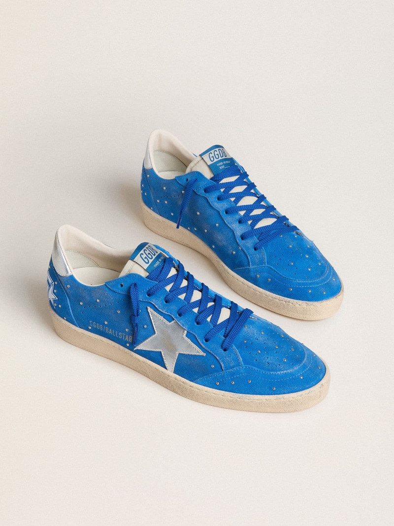 Golden Goose Men's Ball Star in light blue suede with studs and silver metallic leather star outlook